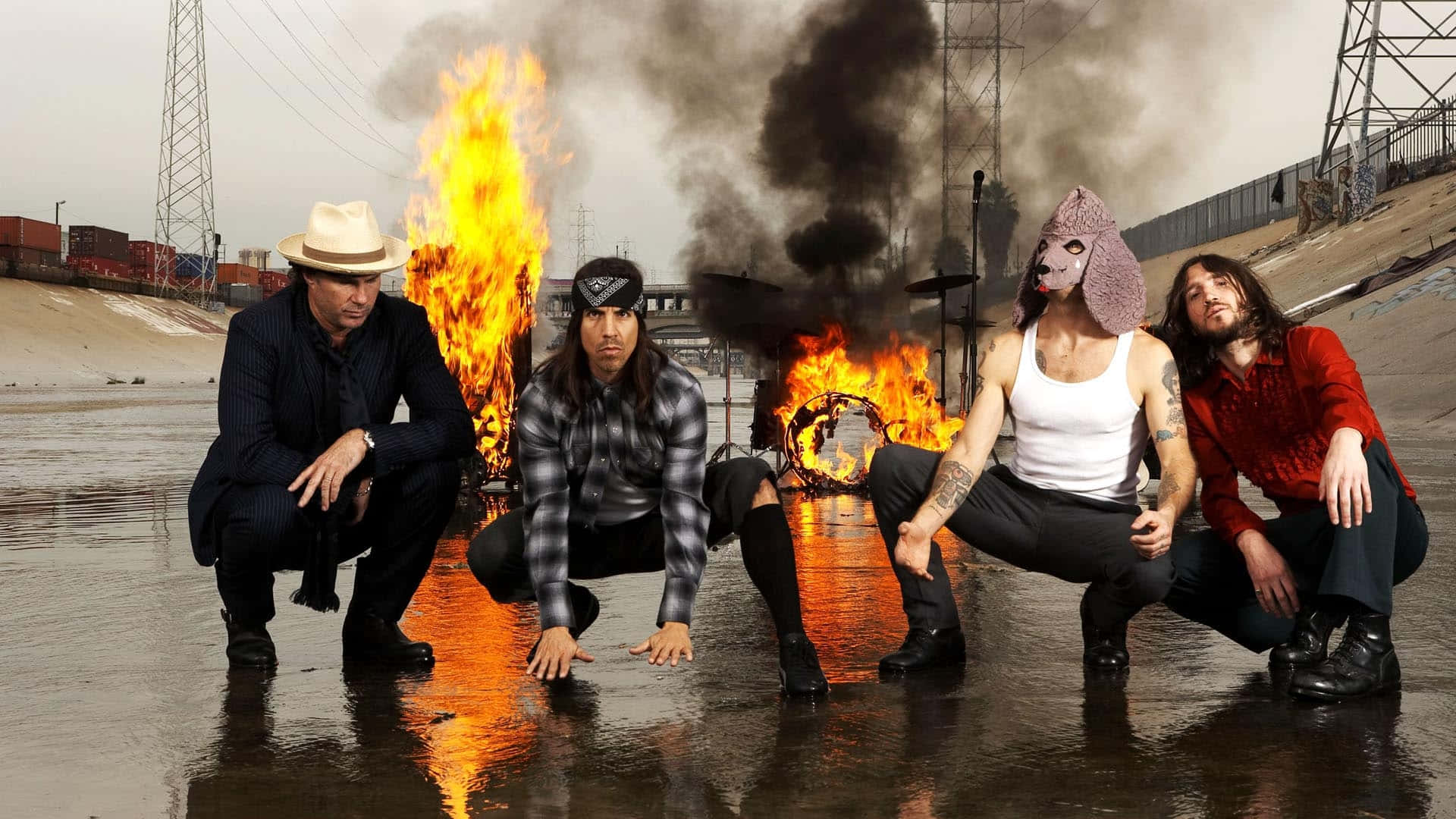 Red Hot Chili Peppers, burning equipment, roaring flames, Full HD Desktop Wallpaper