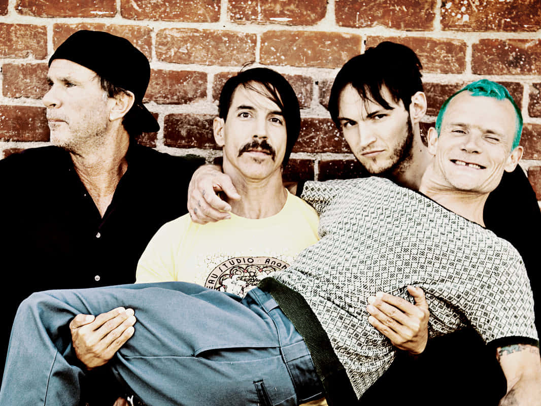 Red hot chili peppers, weathered brick wall, bright green hair, SD Desktop Wallpaper