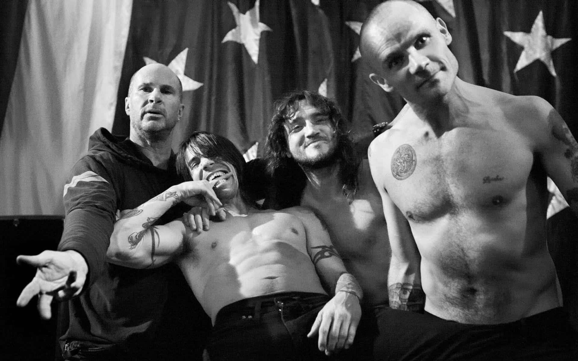Red Hot Chili Peppers, star-spangled curtain, black and white photo, Full HD Desktop Wallpaper