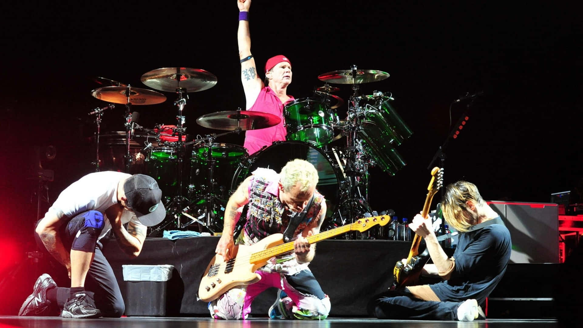 Red Hot Chili Peppers, kneeling, drummer raising fist, Full HD Desktop Wallpaper