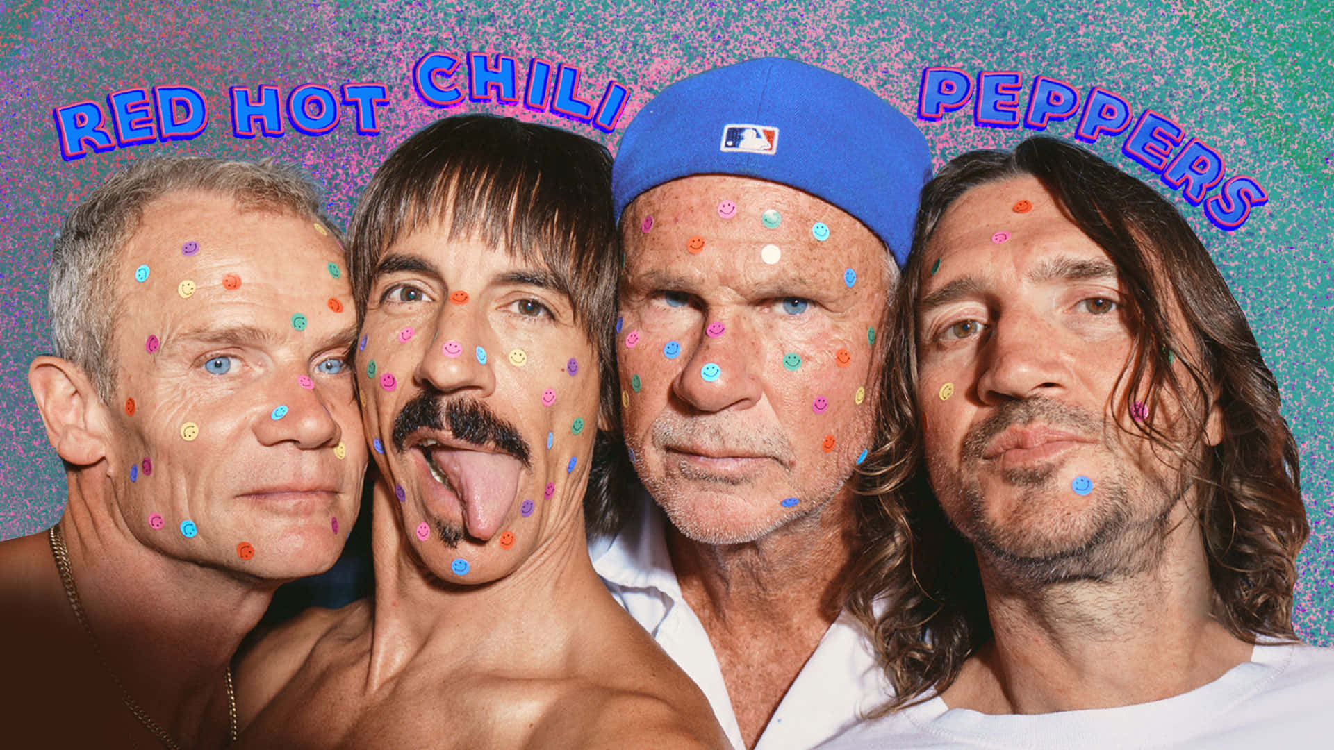 Red Hot Chili Peppers, colorful smiley face stickers, vibrant gradient background, Full HD Desktop Wallpaper