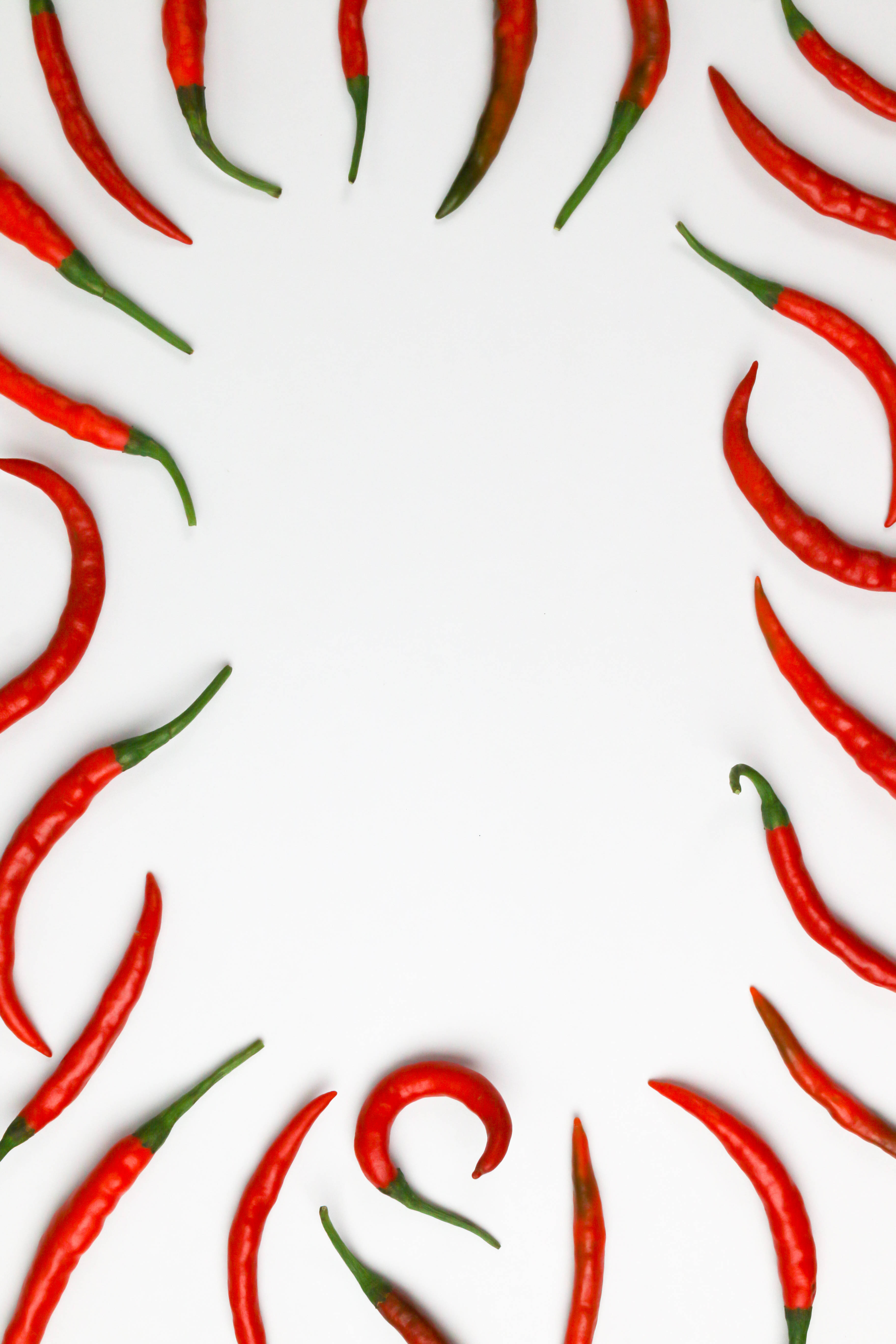 red chili peppers, white background, circular frame, 5K Phone Wallpaper