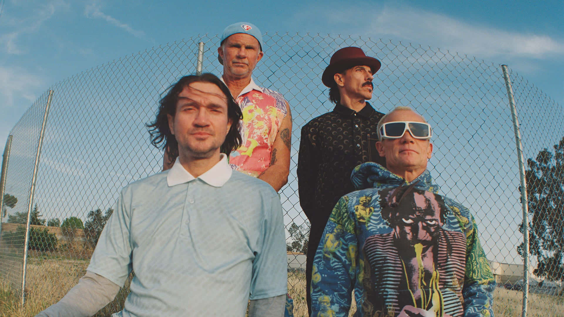 Red Hot Chili Peppers, chain-link fence, bright blue sky, Full HD Desktop Wallpaper