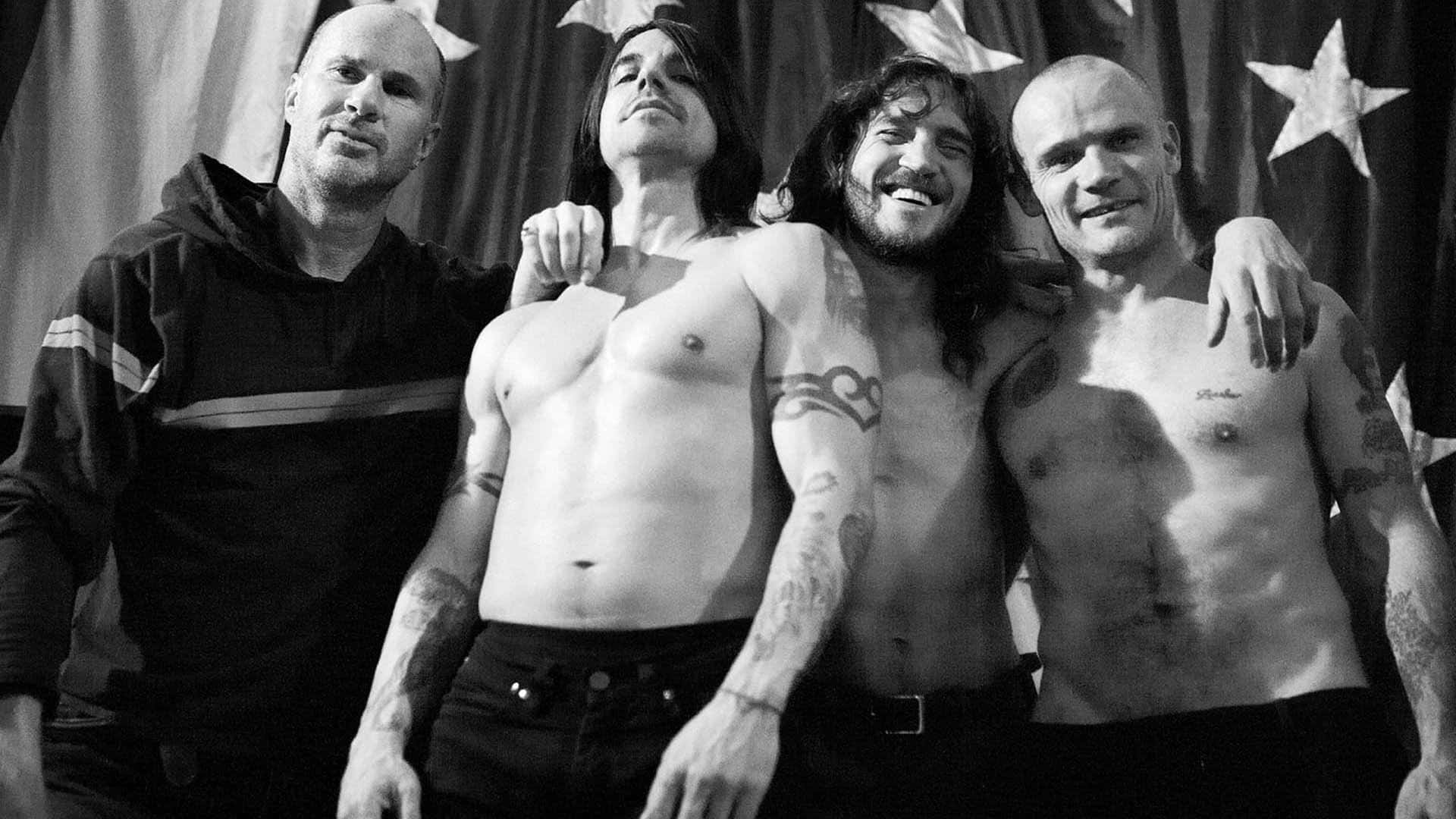 Red Hot Chili Peppers, star-patterned backdrop, black and white photo, Full HD Desktop Wallpaper