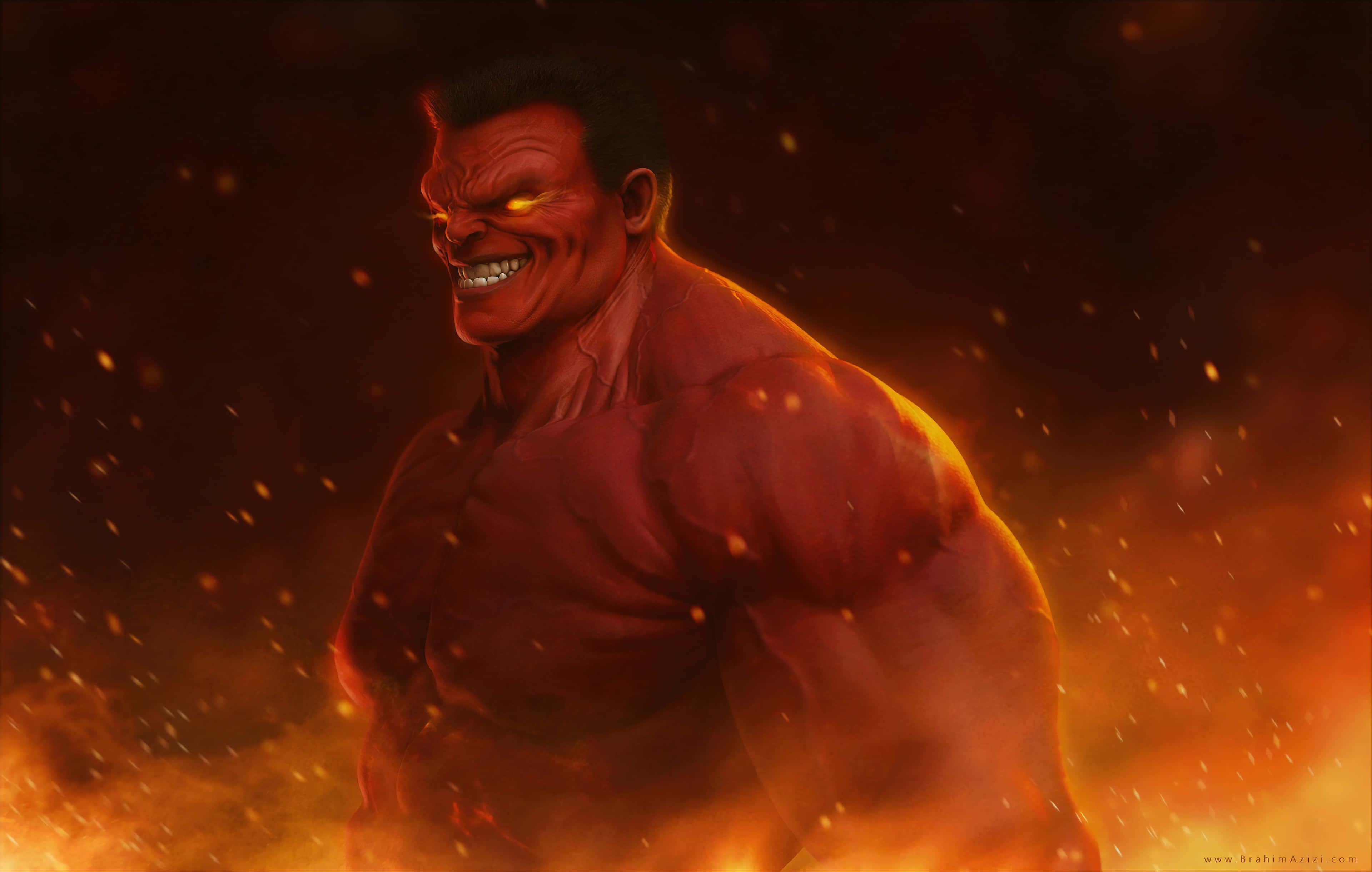Red Hulk, glowing yellow eyes, menacing grin, 4K Desktop Wallpaper