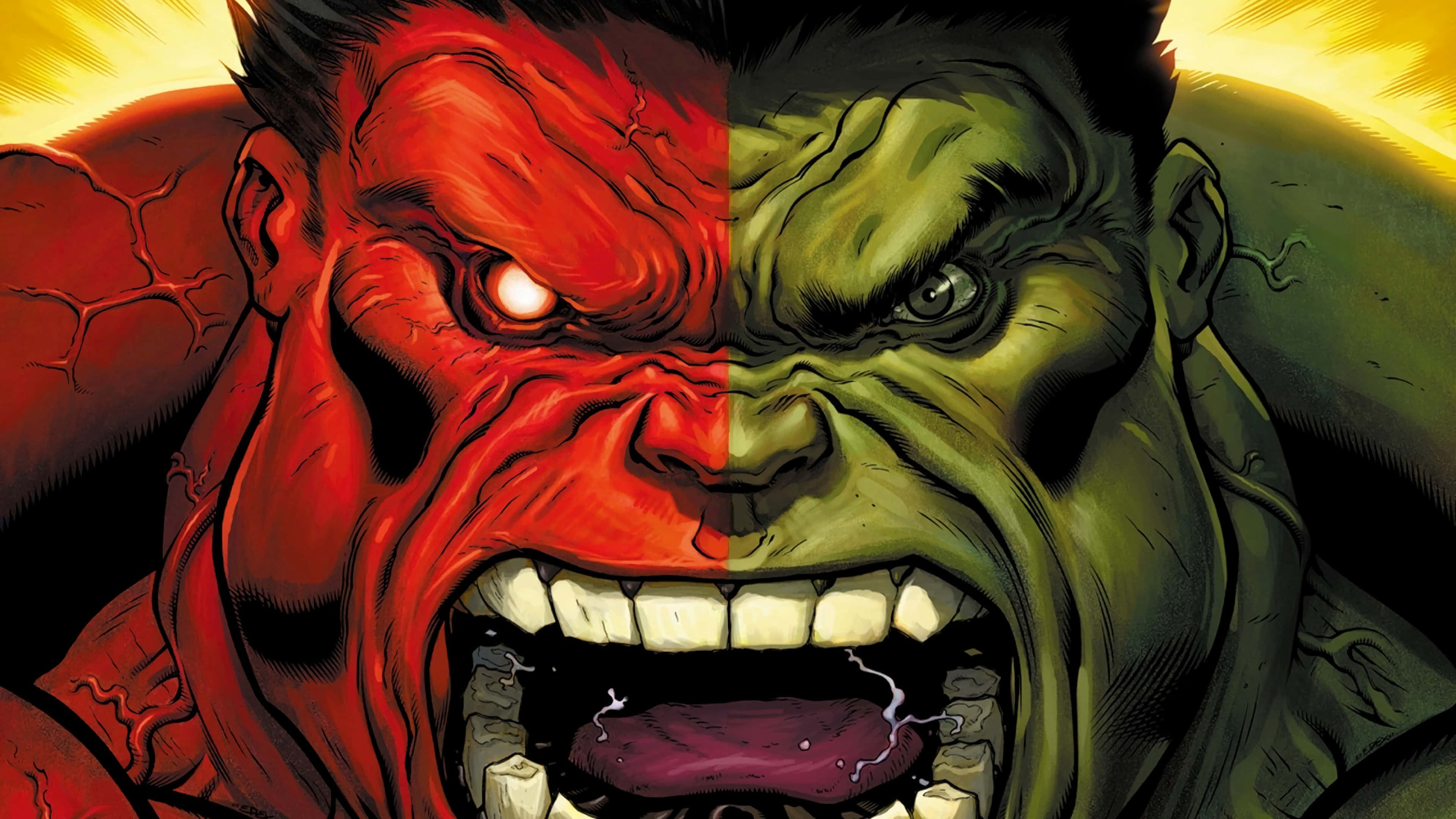 Red Hulk, Green Hulk, split-face, 4K Desktop Wallpaper