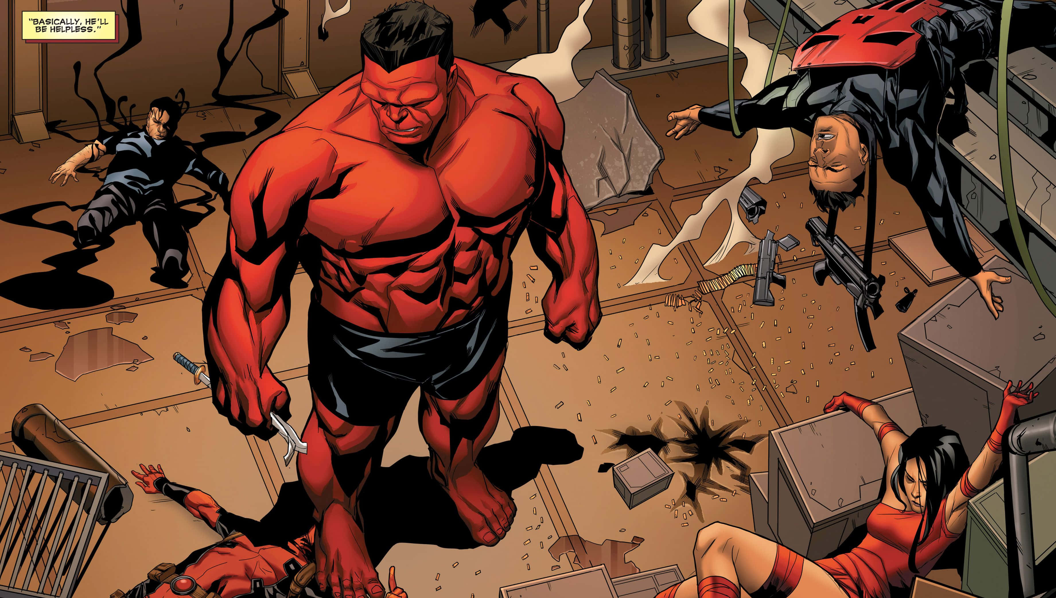 Red Hulk, shattered industrial room, debris, 2K Desktop Wallpaper