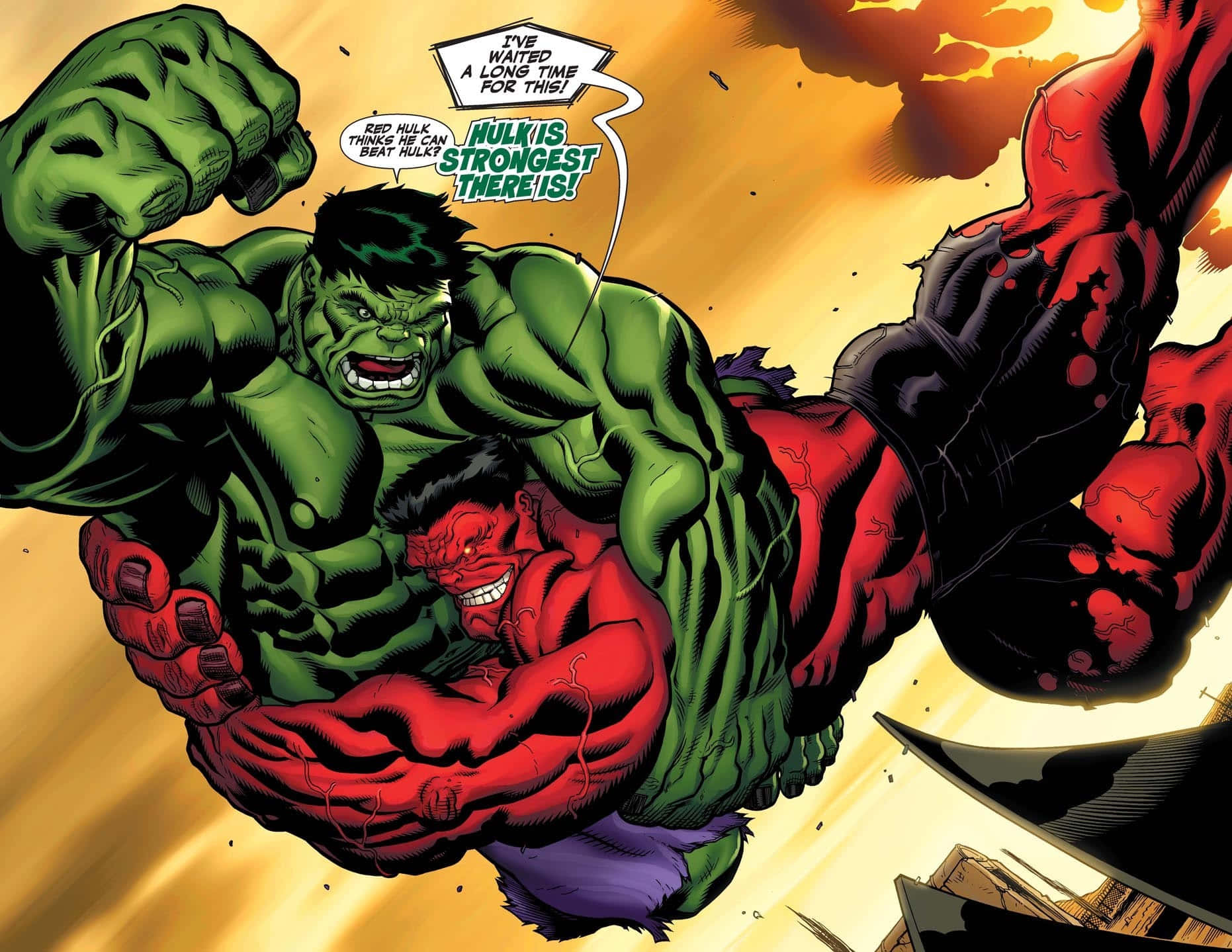 Green Hulk, Red Hulk, fiery orange sky, HD Desktop Wallpaper