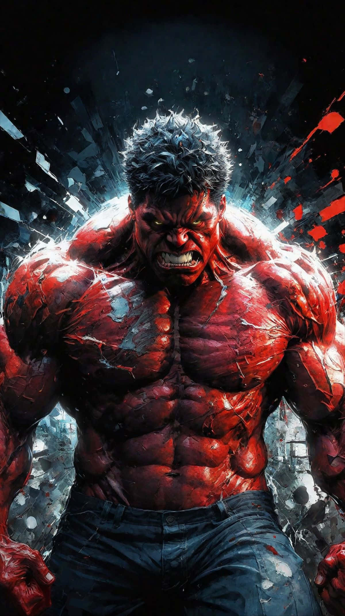 Red Hulk, shattered debris, dark smoke, Full HD Phone Wallpaper