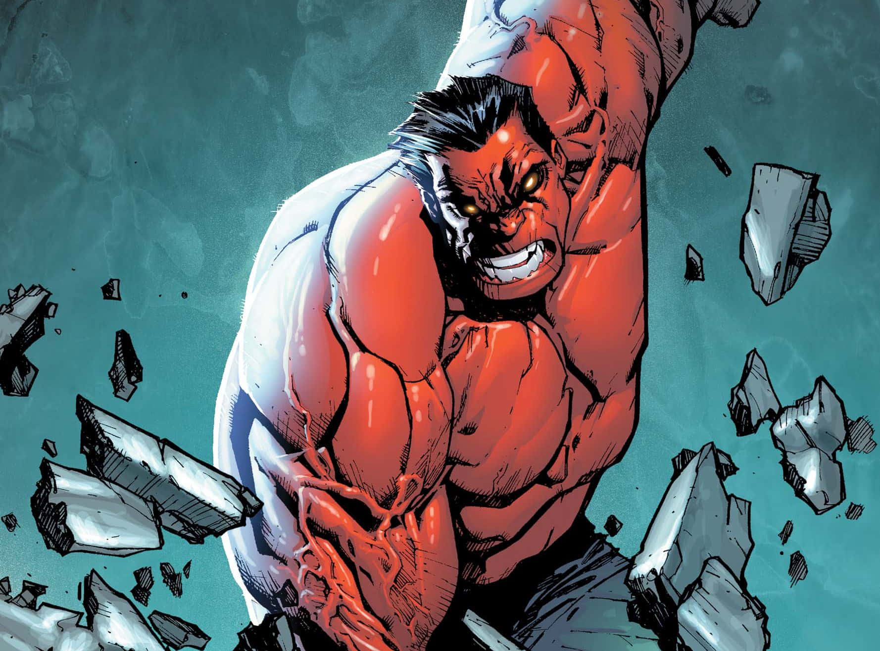Red Hulk, teal background, shatters concrete, HD Desktop Wallpaper