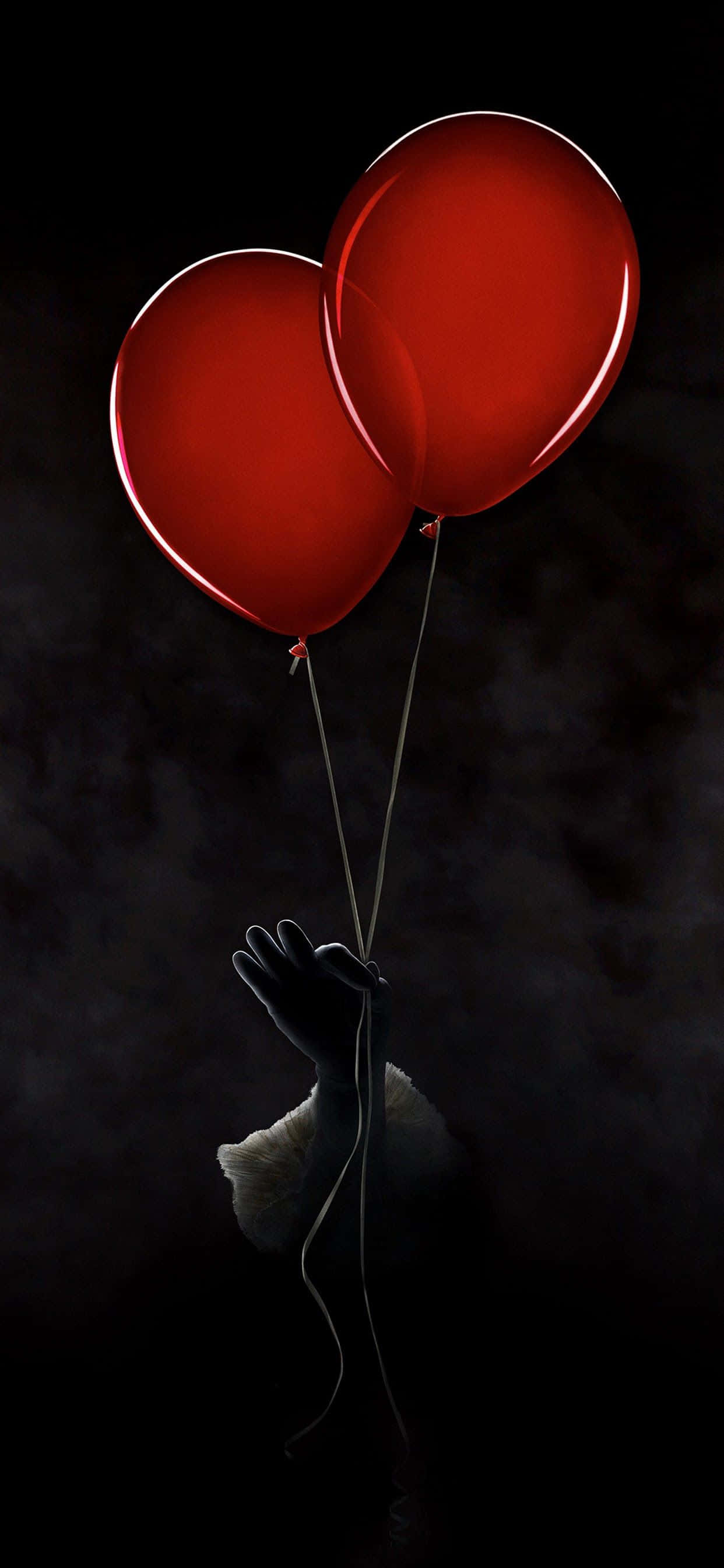 Red iPhone X, gloved hand, glossy red balloons, 2K Phone Wallpaper