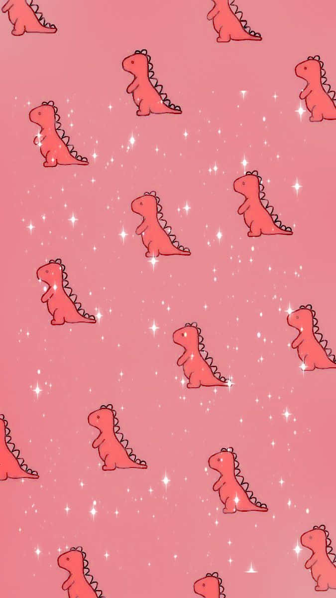 Red iPhone X, pink cartoon dinosaurs, sparkling stars, SD Phone Wallpaper