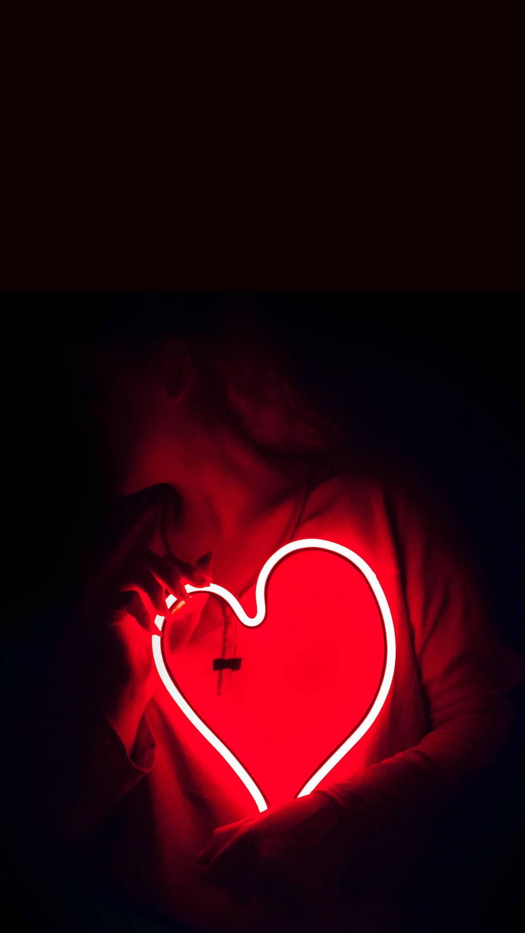red iPhone, glowing red neon heart, dark room, Full HD Phone Wallpaper