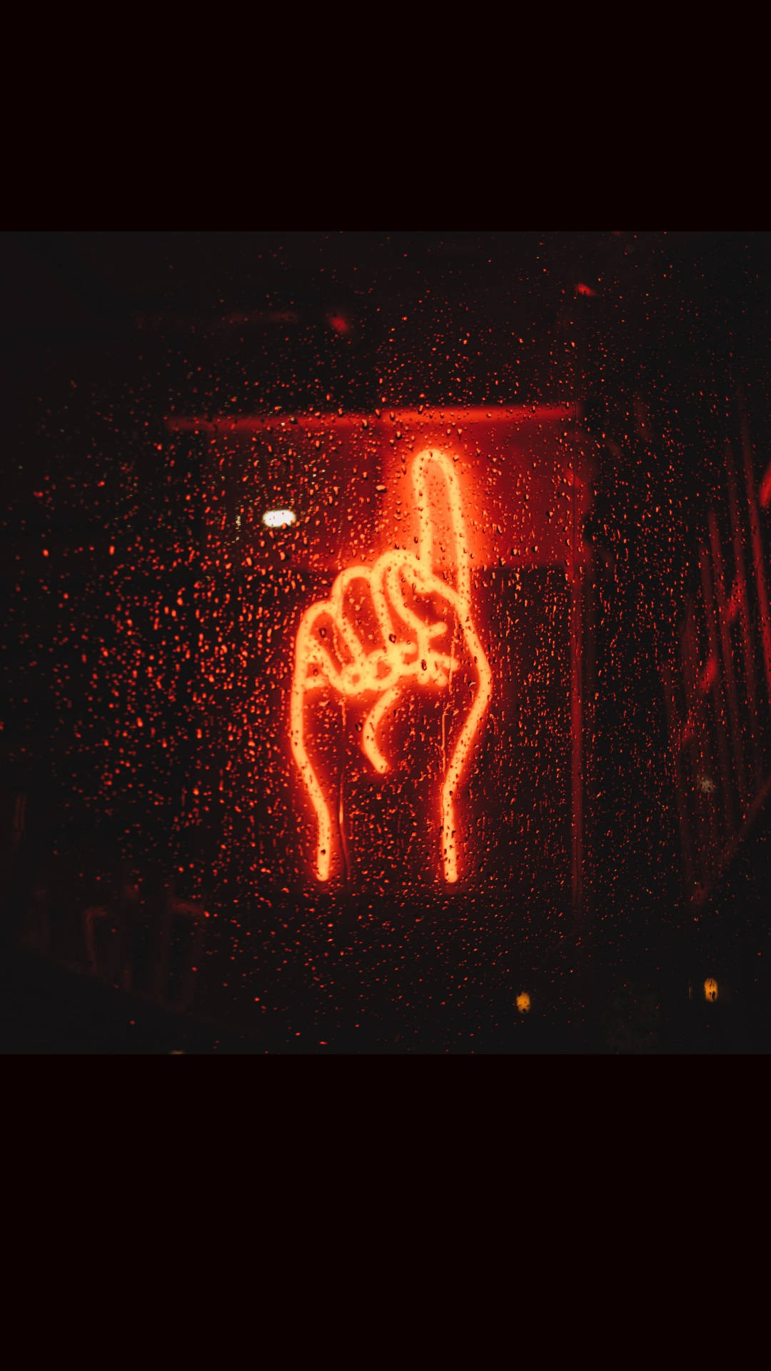 Neon red iPhone, pointing hand, rain-speckled window, Full HD Phone Wallpaper