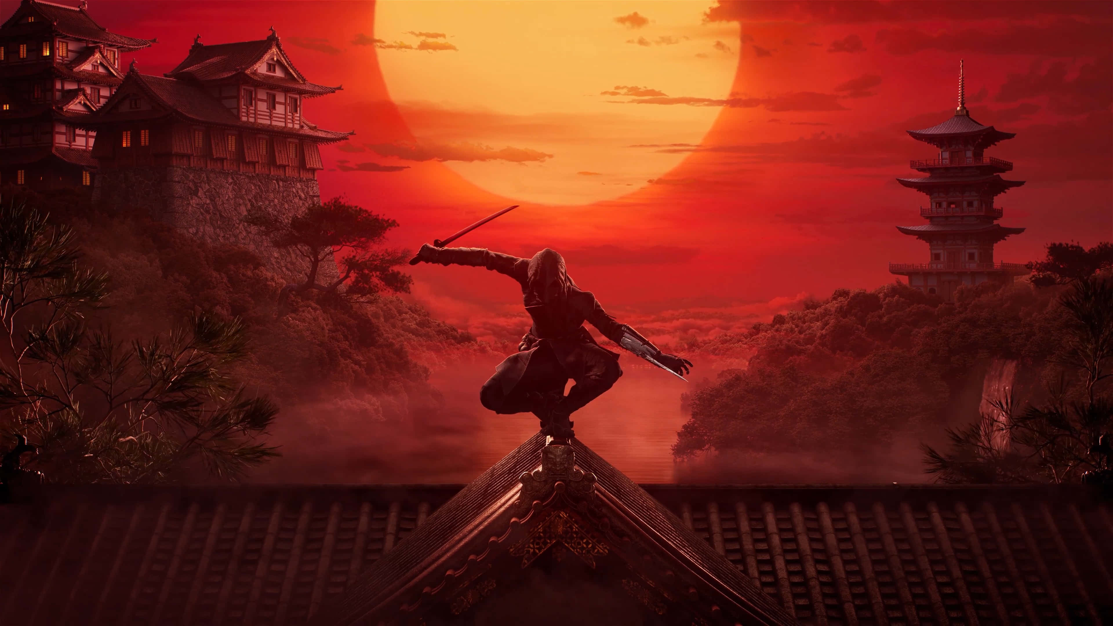 ninja, temple roof, fiery red sunset, 4K Desktop Wallpaper