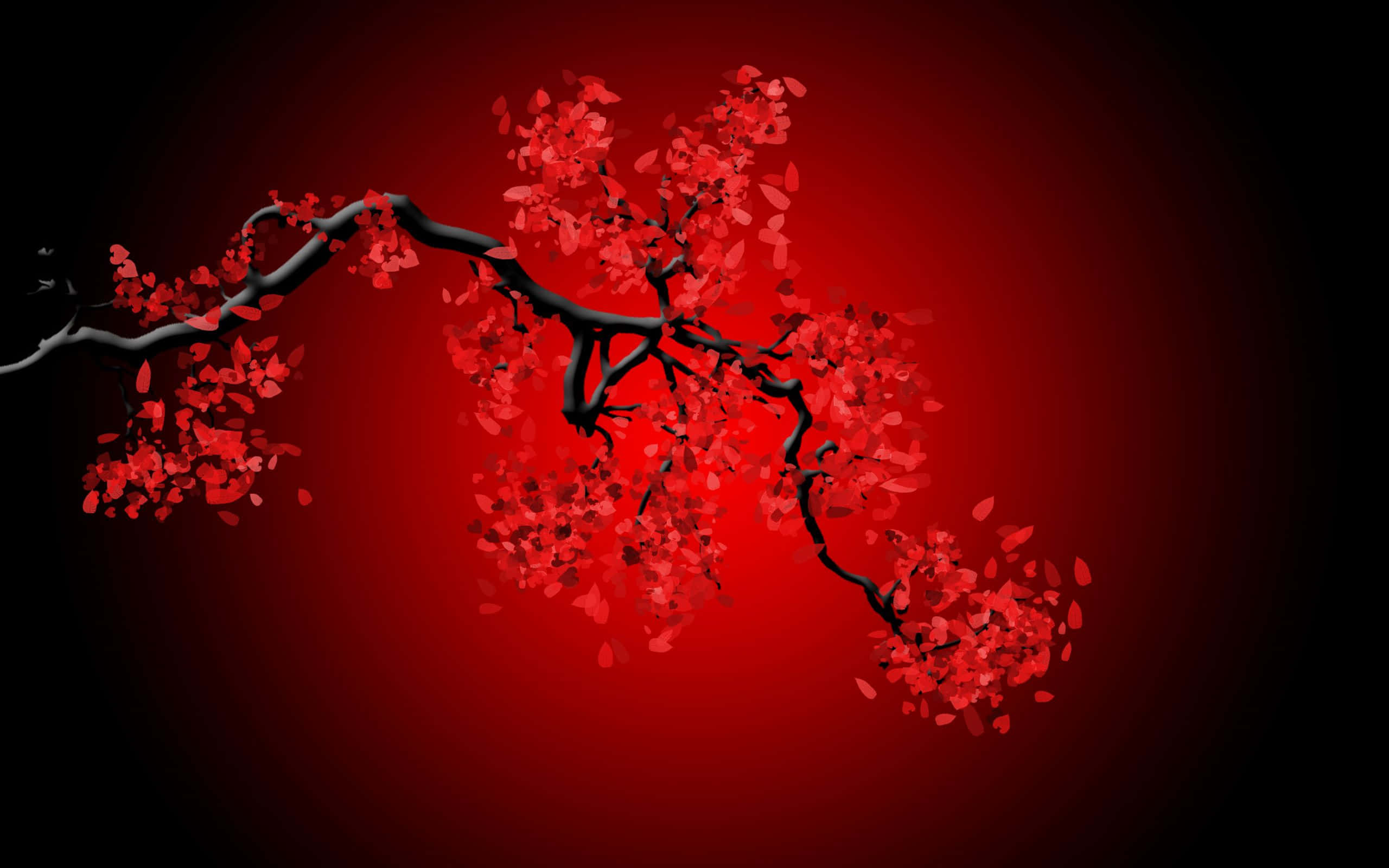 red, black cherry branch, vivid red blossoms, 2K Desktop Wallpaper