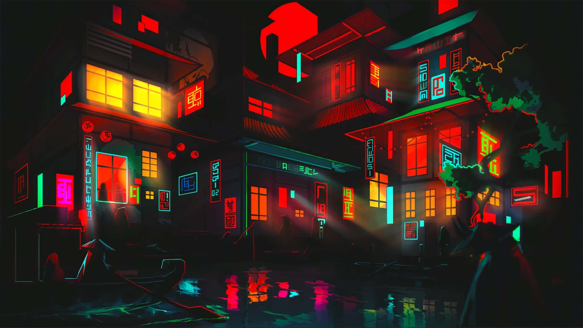 cyberpunk cityscape, wet streets, neon signs, Full HD Desktop Wallpaper
