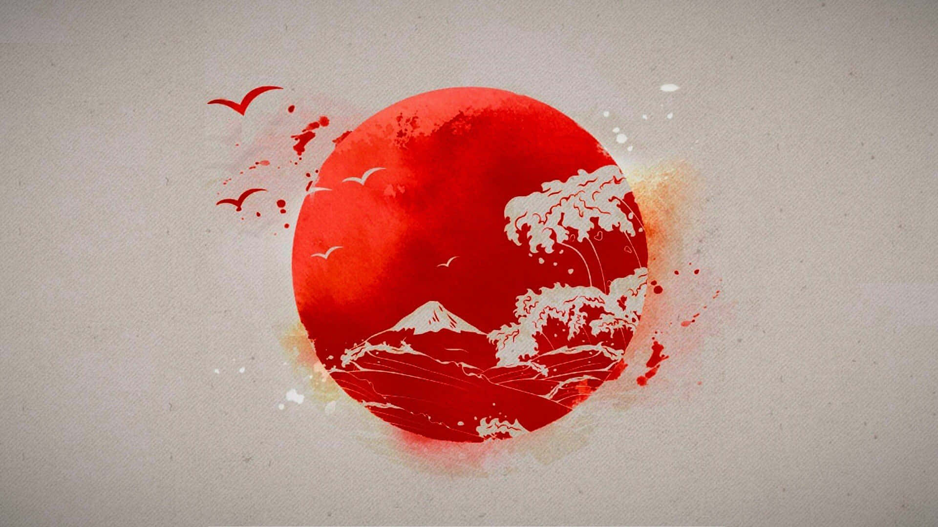 Red Japanese, red circular sun, white wave, Full HD Desktop Wallpaper