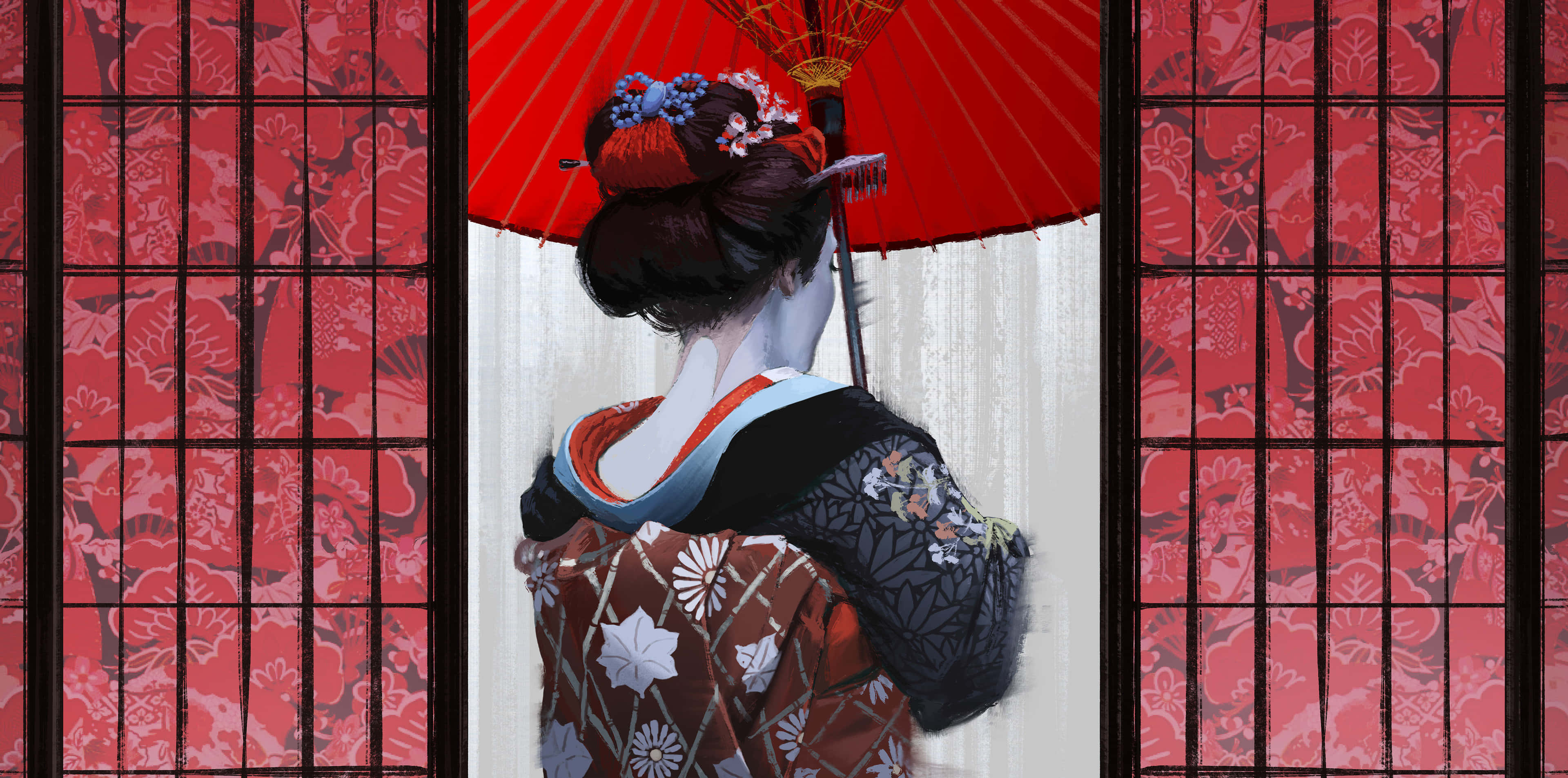 geisha, red kimono, red parasol, 4K Desktop Wallpaper