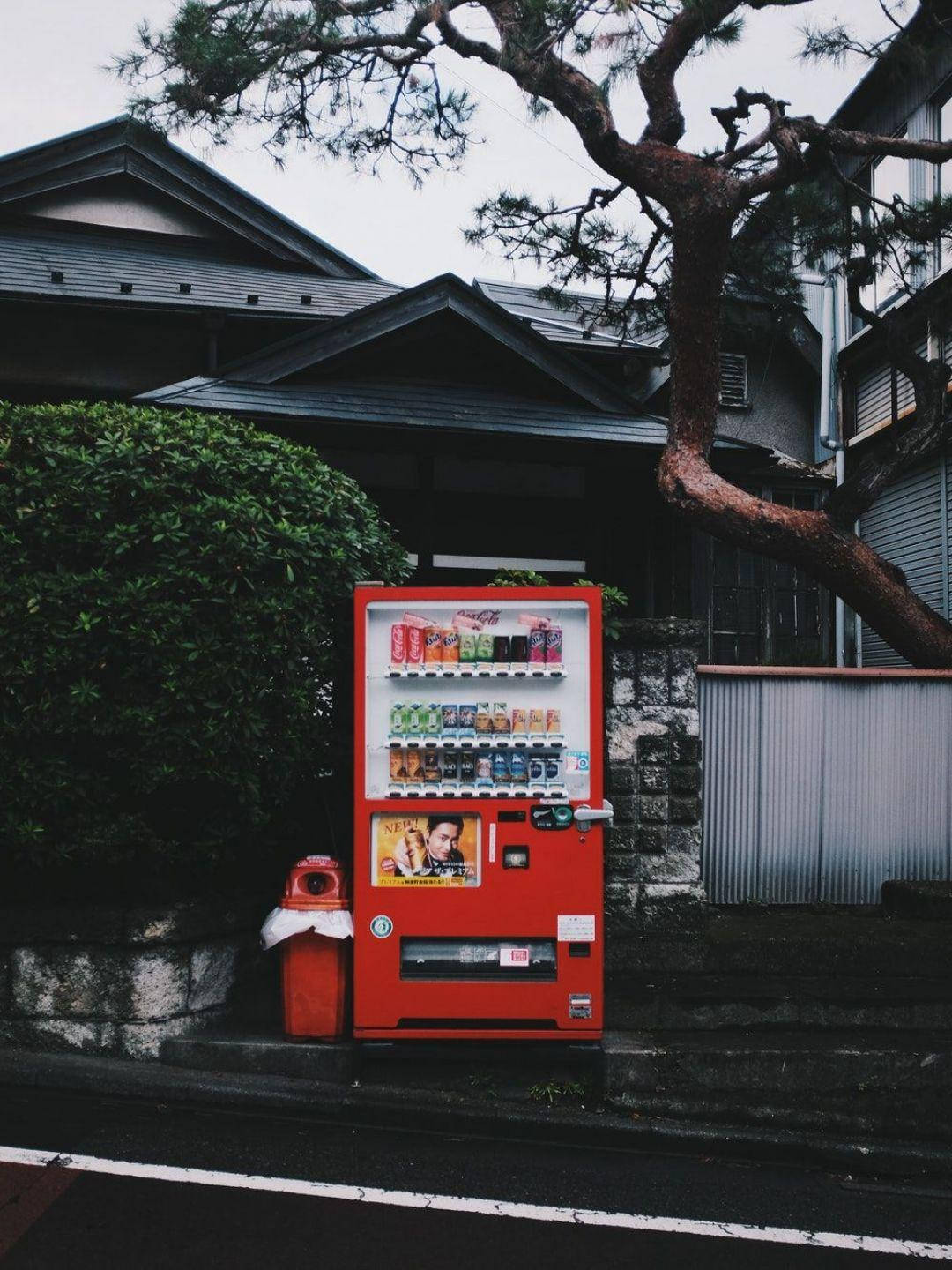 Red Japanese Aesthetic, vending machine, stone wall, HD Phone Wallpaper
