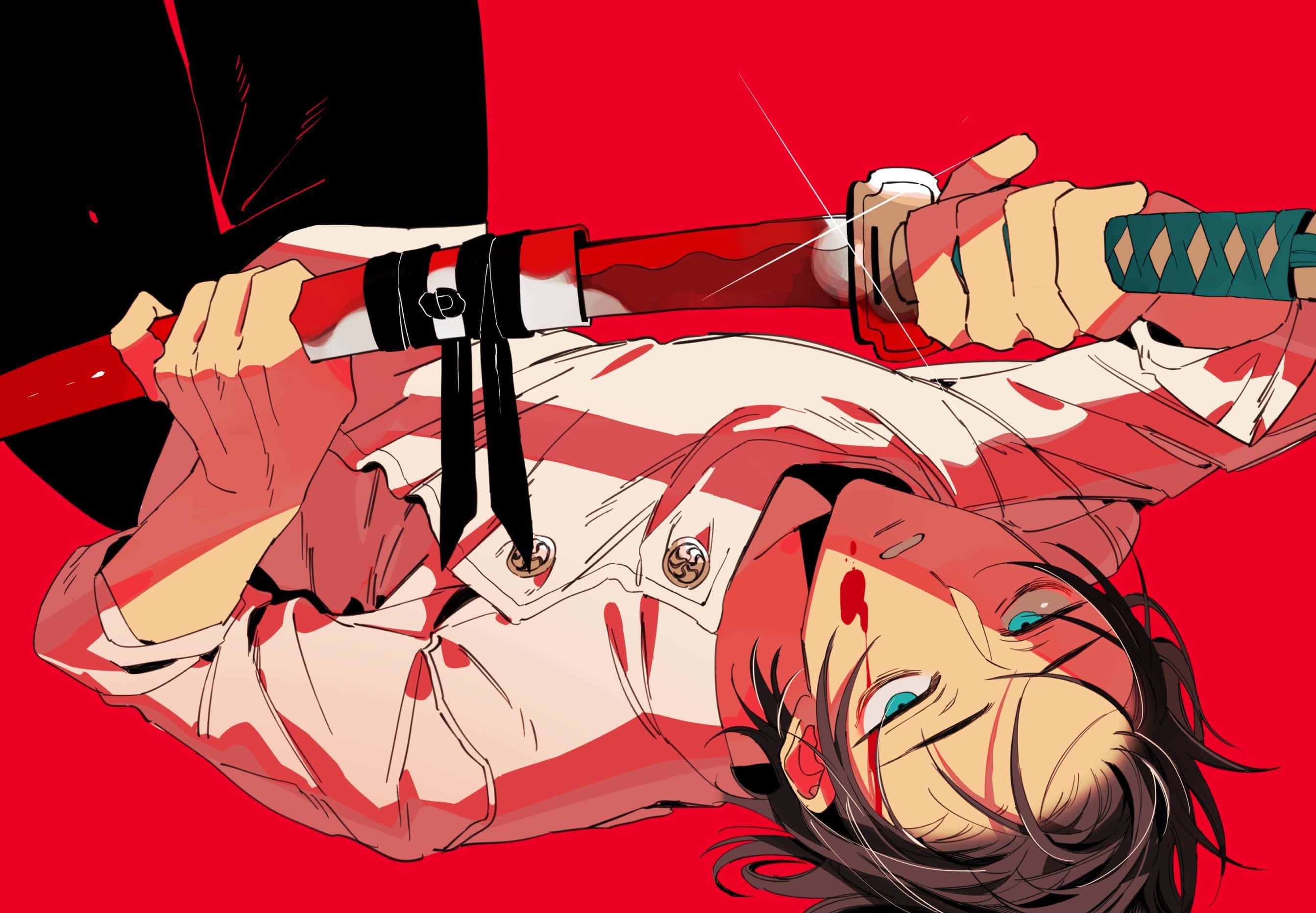anime samurai, red background, bloodied anime warrior, 2K Desktop Wallpaper