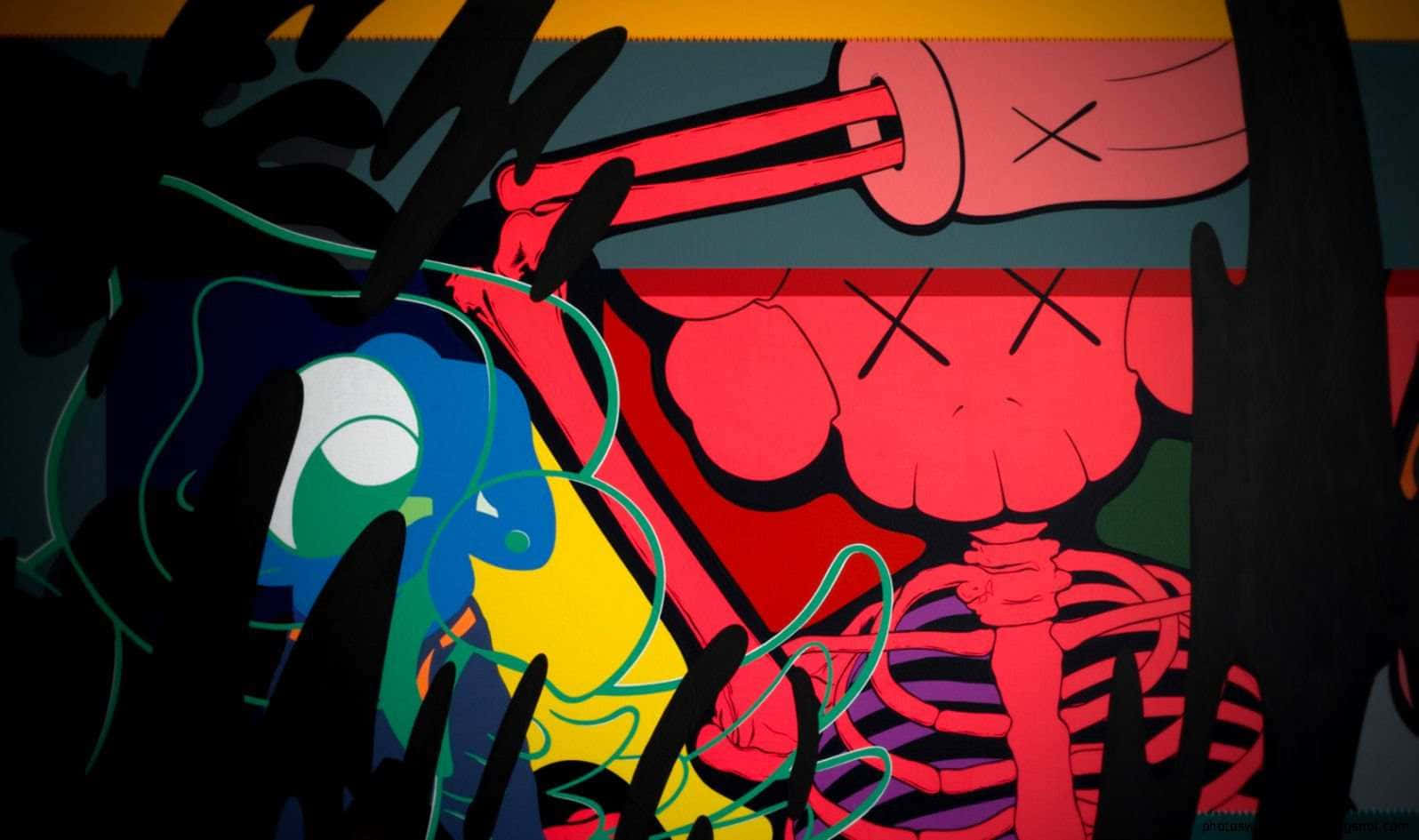 red KAWS figure, X eyes, blue creature, HD Desktop Wallpaper