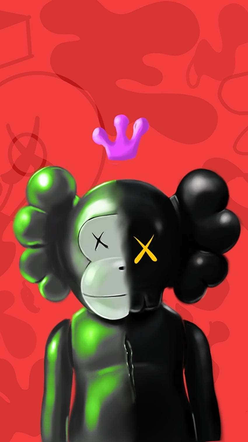 KAWS figure, purple crown, vibrant red abstract background, HD Phone Wallpaper