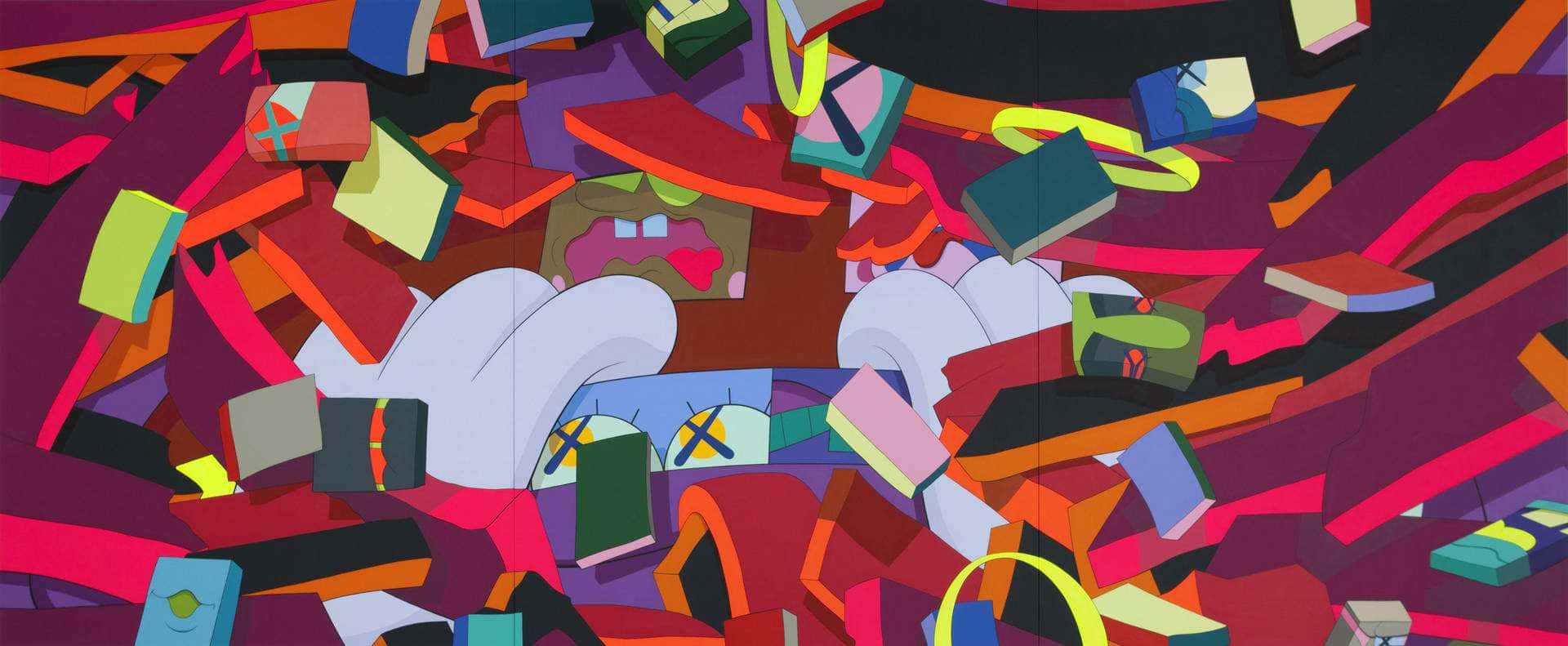 abstract k a w s character collage, colorful geometric shapes, vibrant hues, Full HD Desktop Wallpaper