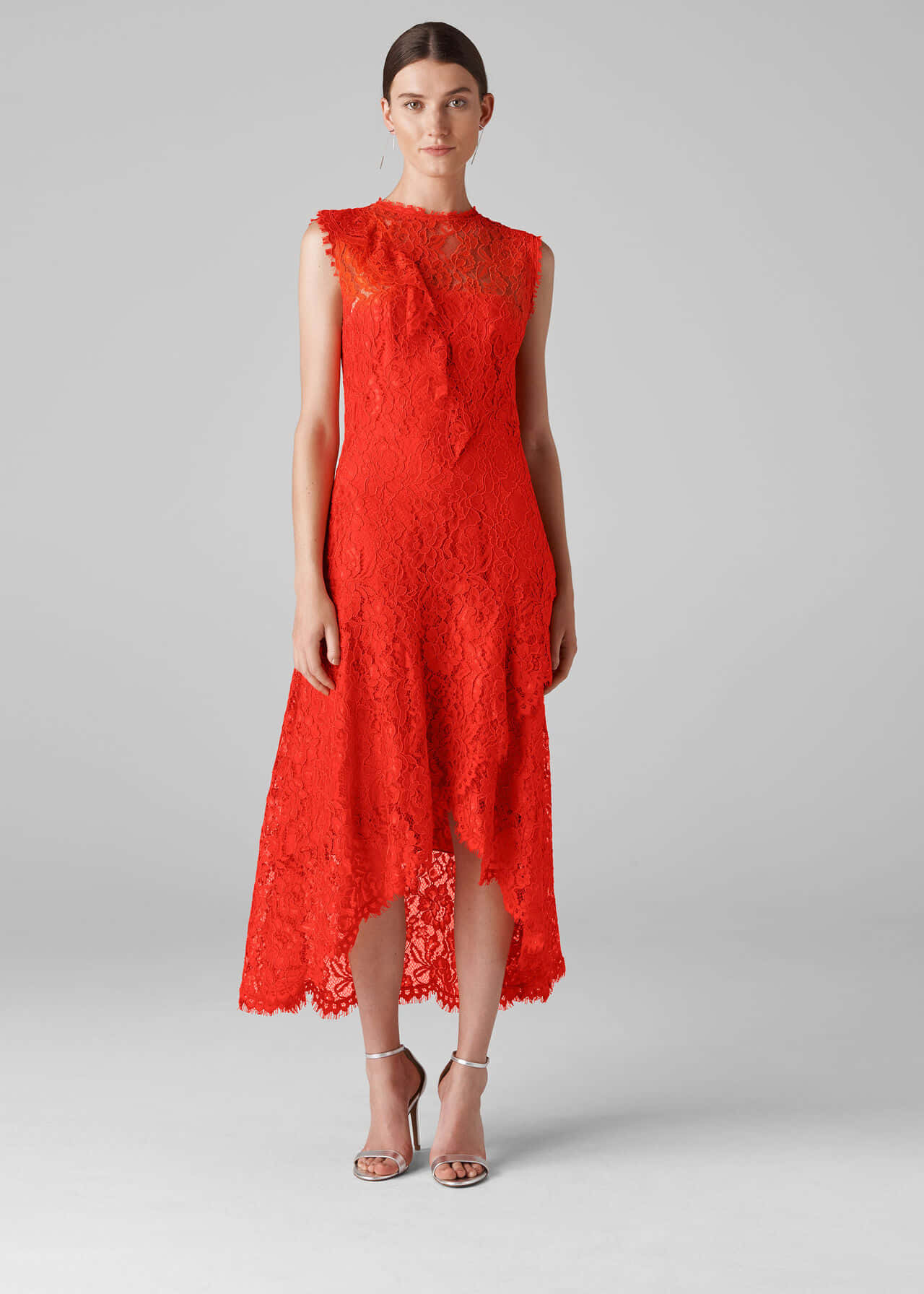 Red Lace Dress, asymmetrical hemline, neutral studio backdrop, HD Phone Wallpaper