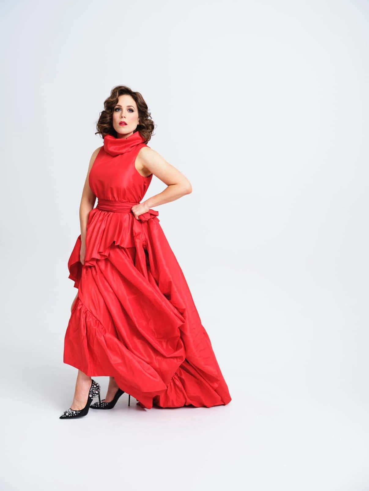 vibrant red satin gown, ruffled tiers, black studded heels, HD Phone Wallpaper