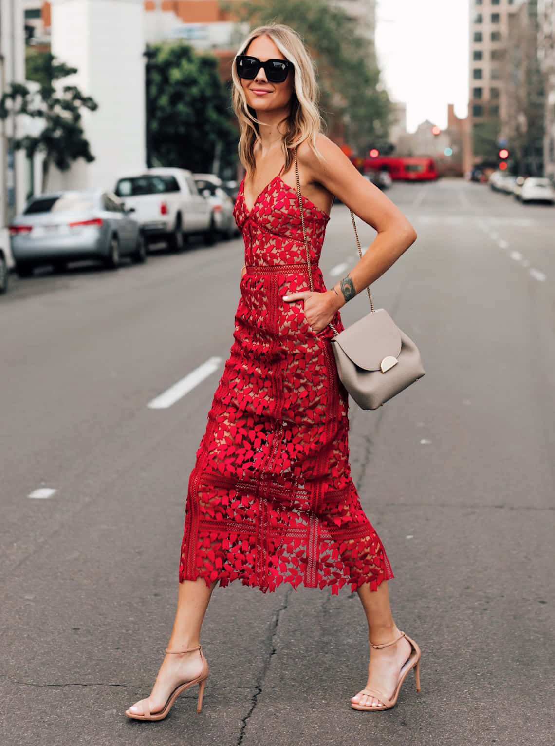 Red Lace Dress, vibrant red lace dress, sunglasses, HD Phone Wallpaper