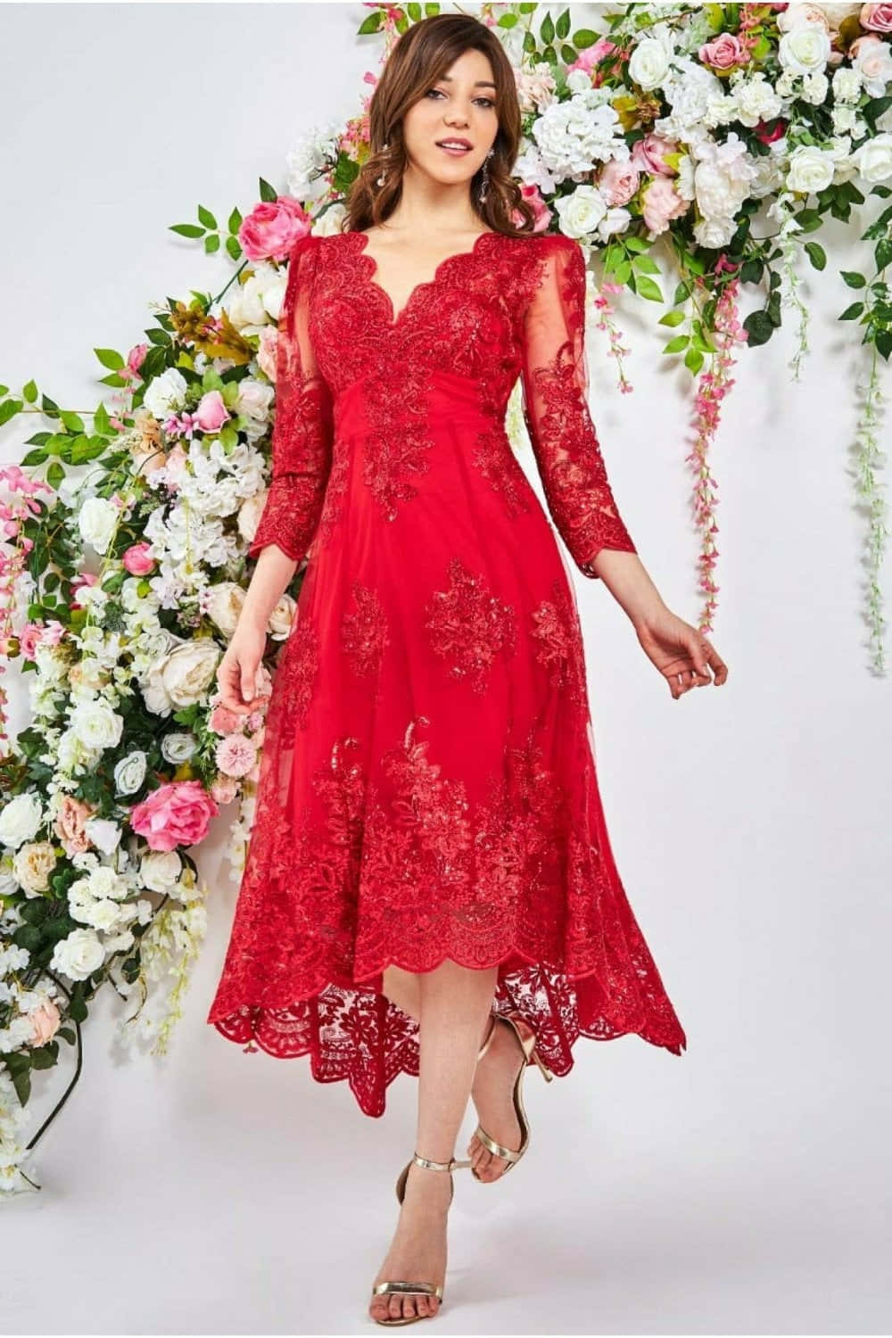 Red Lace Dress, vibrant red lace dress, lush floral backdrop, HD Phone Wallpaper