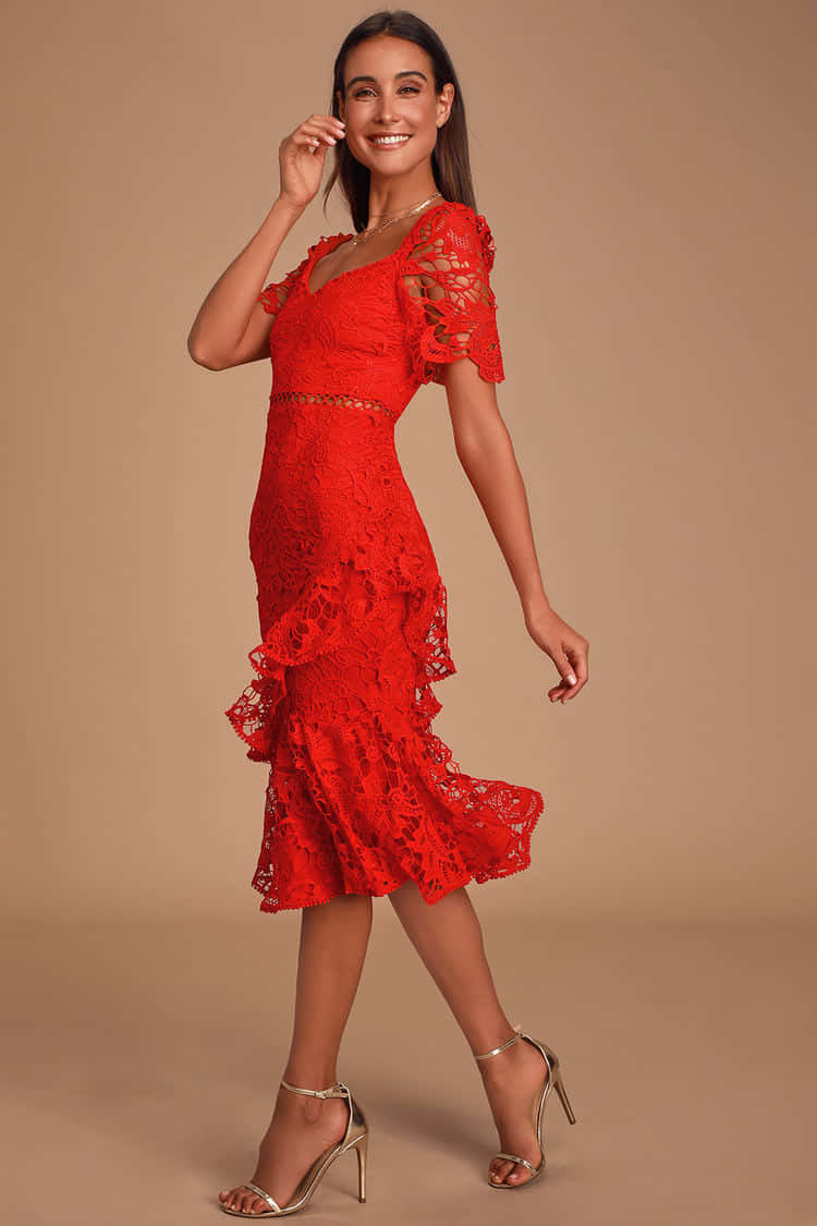 red lace dress, vibrant red, ruffled hem, SD Phone Wallpaper