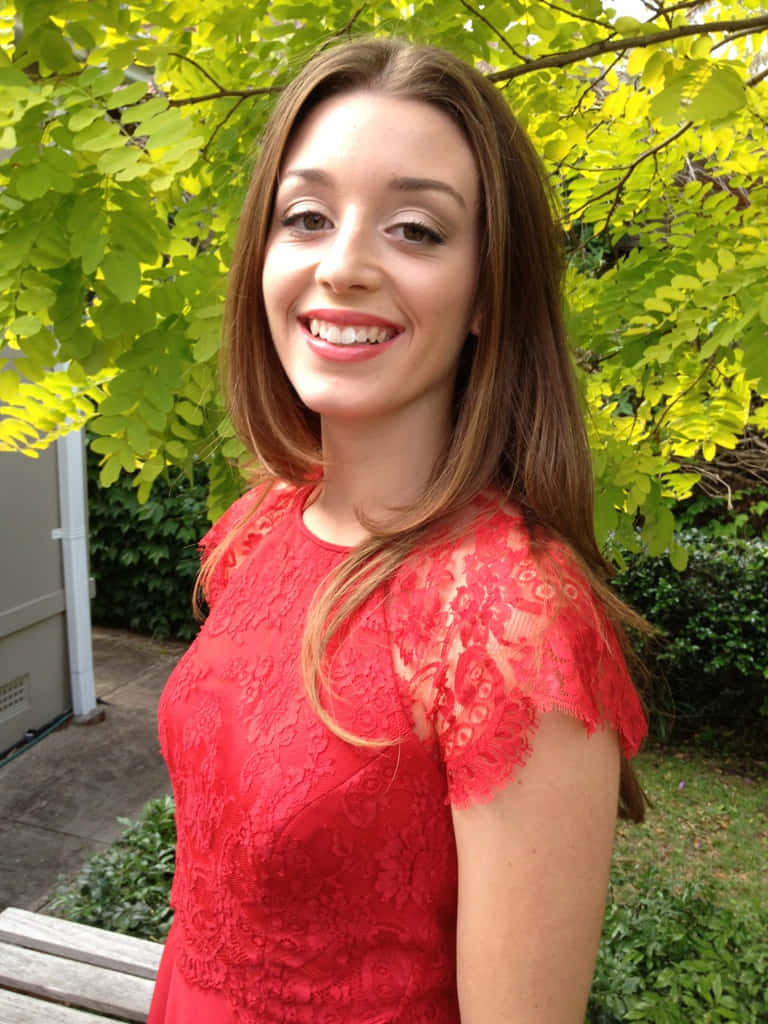 Red Lace Dress, sunny day, bright green foliage, SD Phone Wallpaper