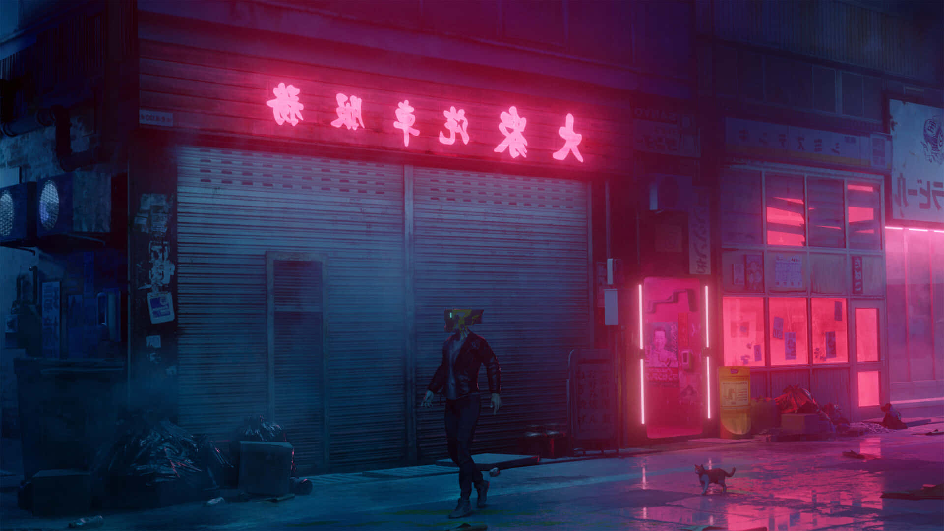 Red Light District, neon-drenched cyberpunk alley, glowing pink signs, Full HD Desktop Wallpaper