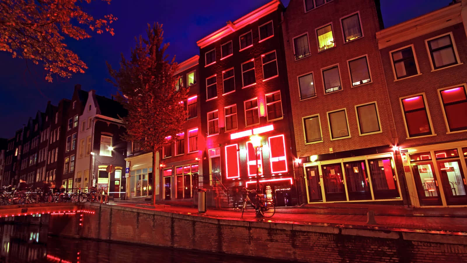 Red Light District, canal, red neon lights, HD Desktop Wallpaper