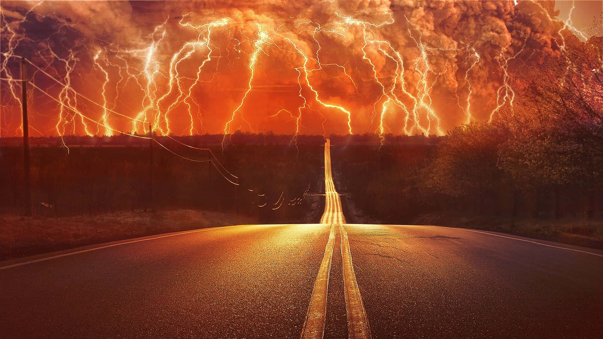 Red Lightning, wet road, horizon, Full HD Desktop Wallpaper