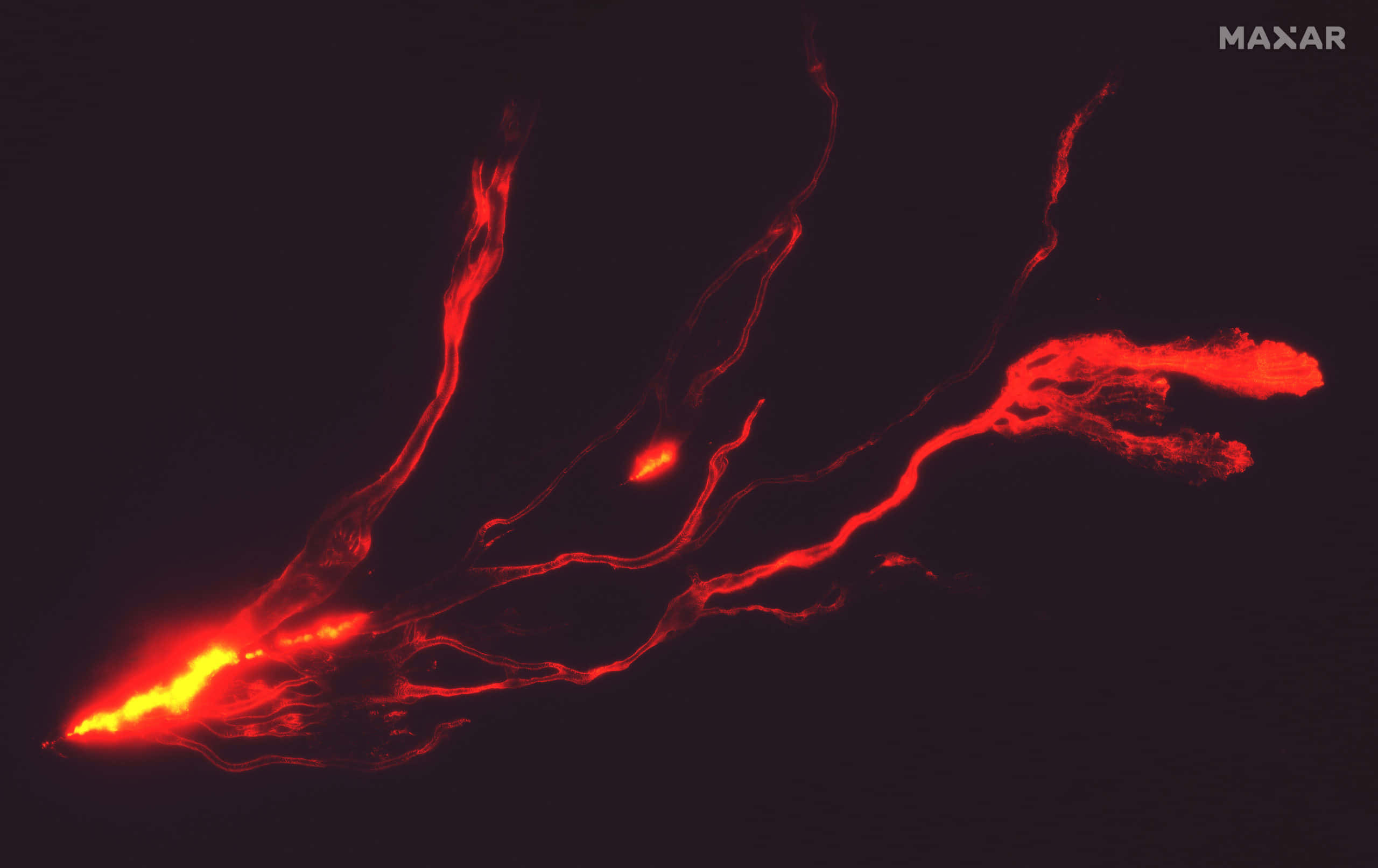 Red Lightning, lava flows, glowing red paths, 2K Desktop Wallpaper
