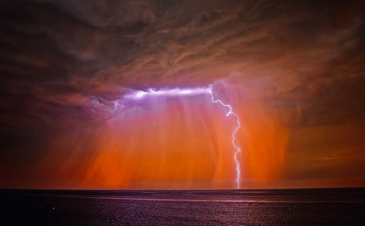 Red Lightning, dark ocean, stormy sky, SD Desktop Wallpaper