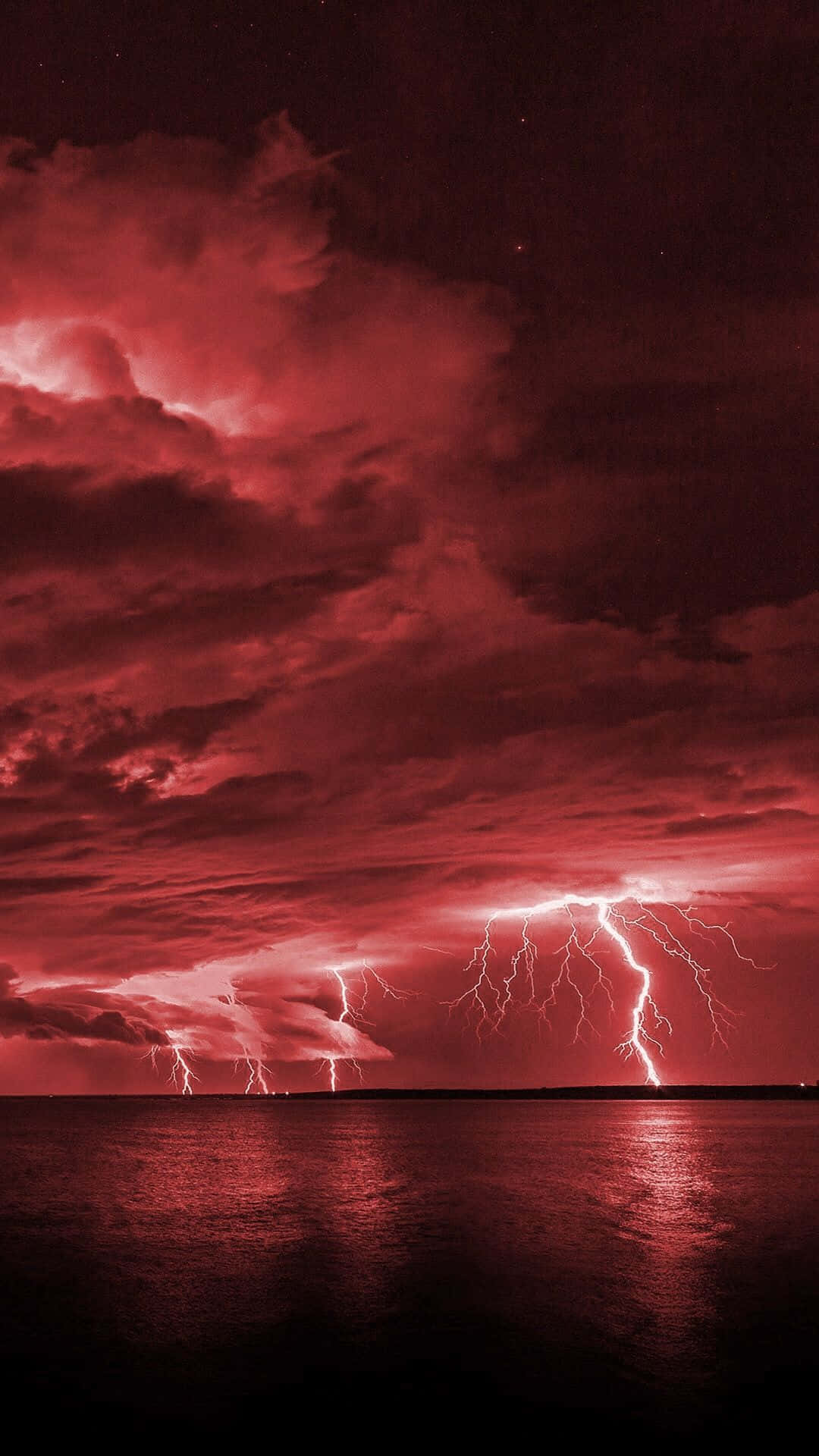 Red Lightning, ocean view, dark water surface, Full HD Phone Wallpaper