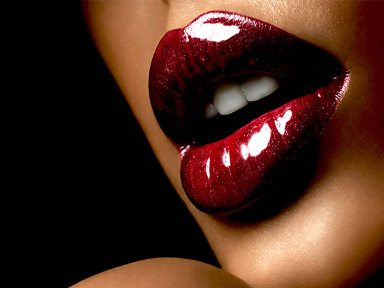 glossy deep red lips, stark black background, HD Desktop Wallpaper