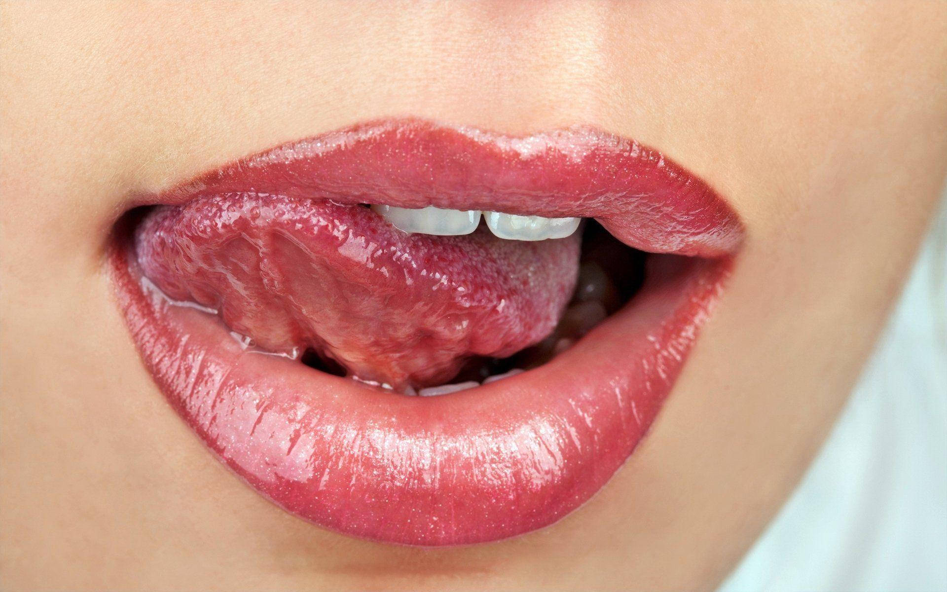 glossy red lips, tongue slightly protruding, showing teeth, Full HD Desktop Wallpaper