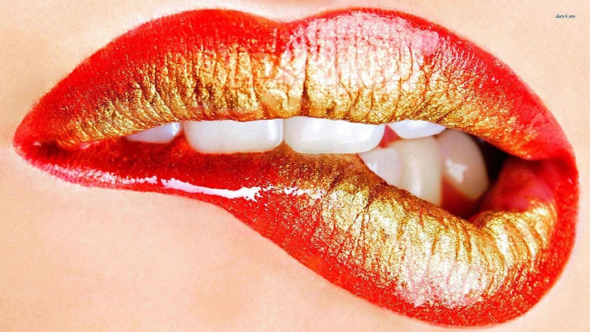 red lips, golden glitters, shimmering red, Full HD Desktop Wallpaper