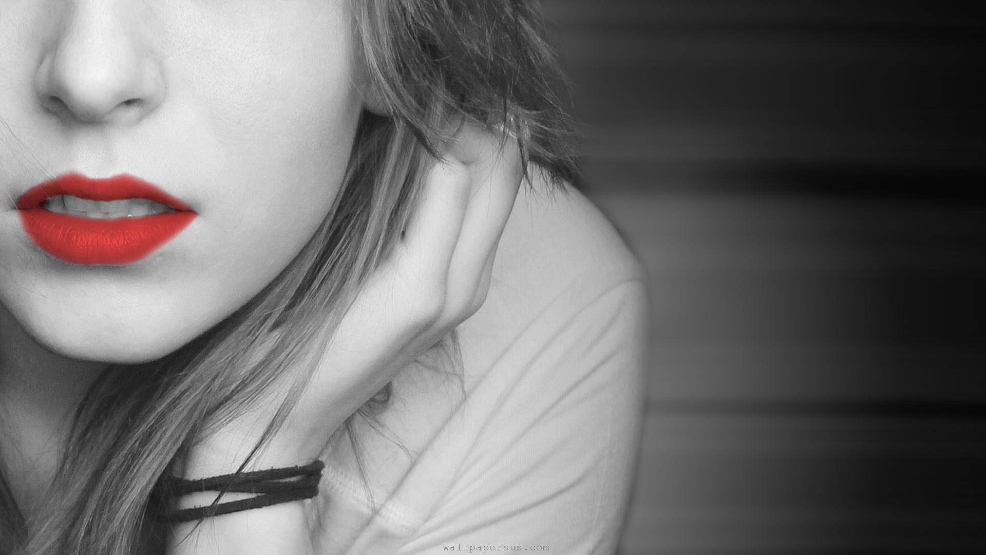red lips, monochrome portrait, woman, Full HD Desktop Wallpaper