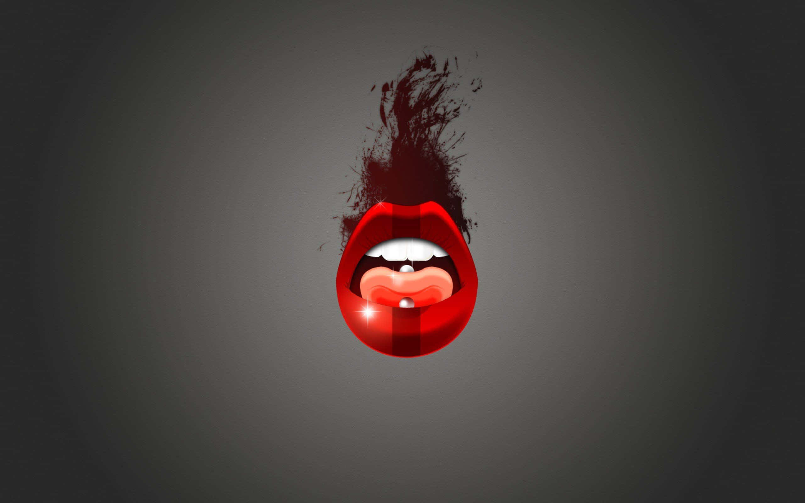 glossy red lips, dark splatter, gradient gray background, 2K Desktop Wallpaper