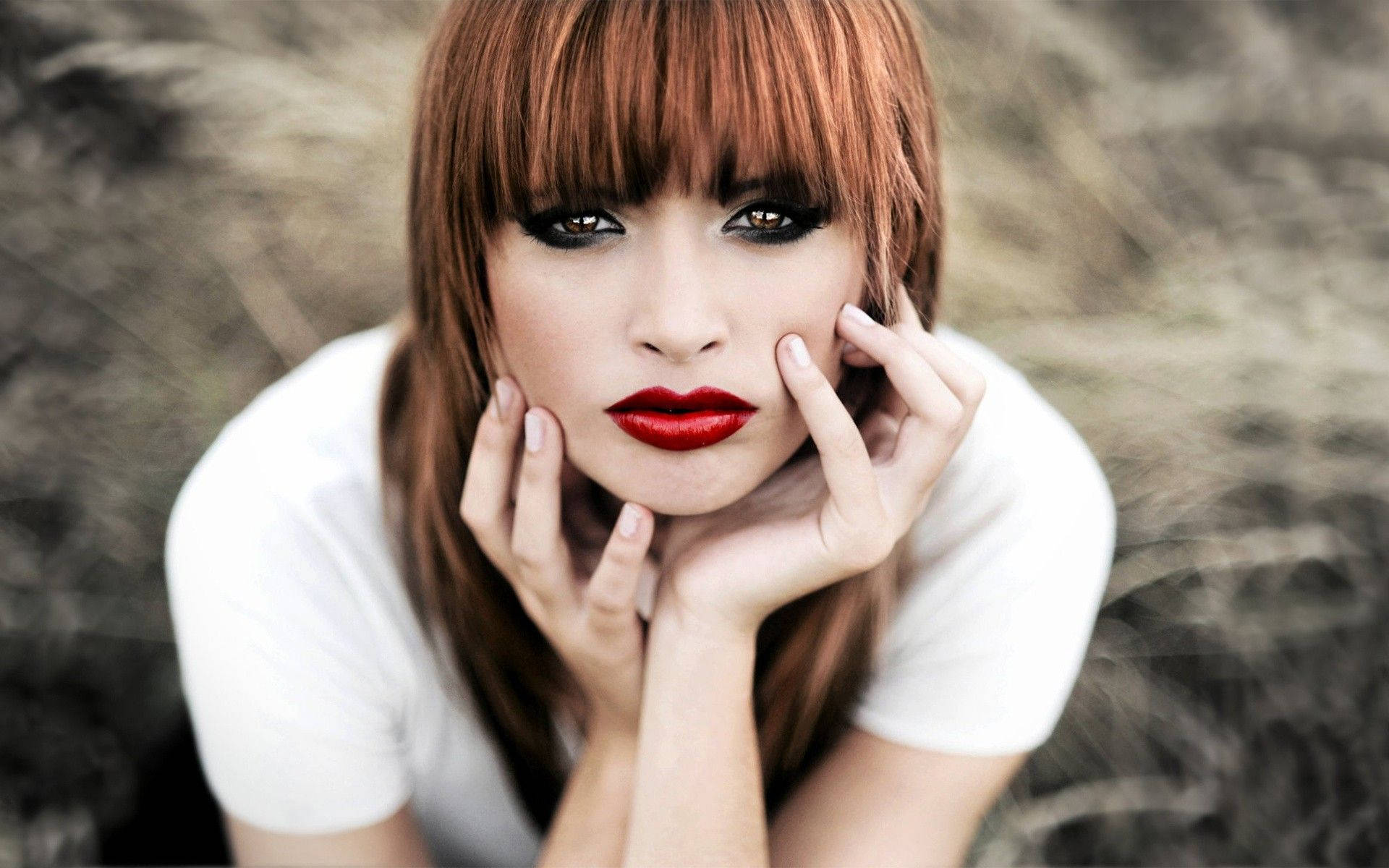 red lips, fiery red hair, fringe hair, Full HD Desktop Wallpaper
