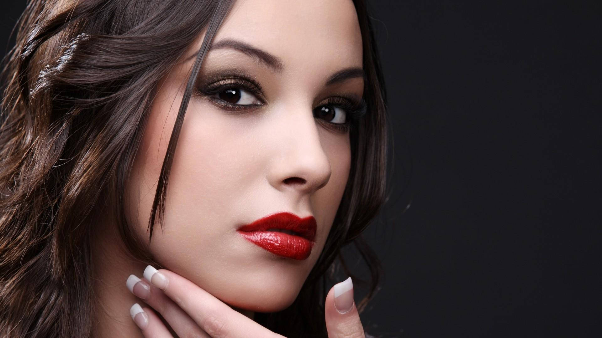woman face, bold red lips, dark hair, Full HD Desktop Wallpaper