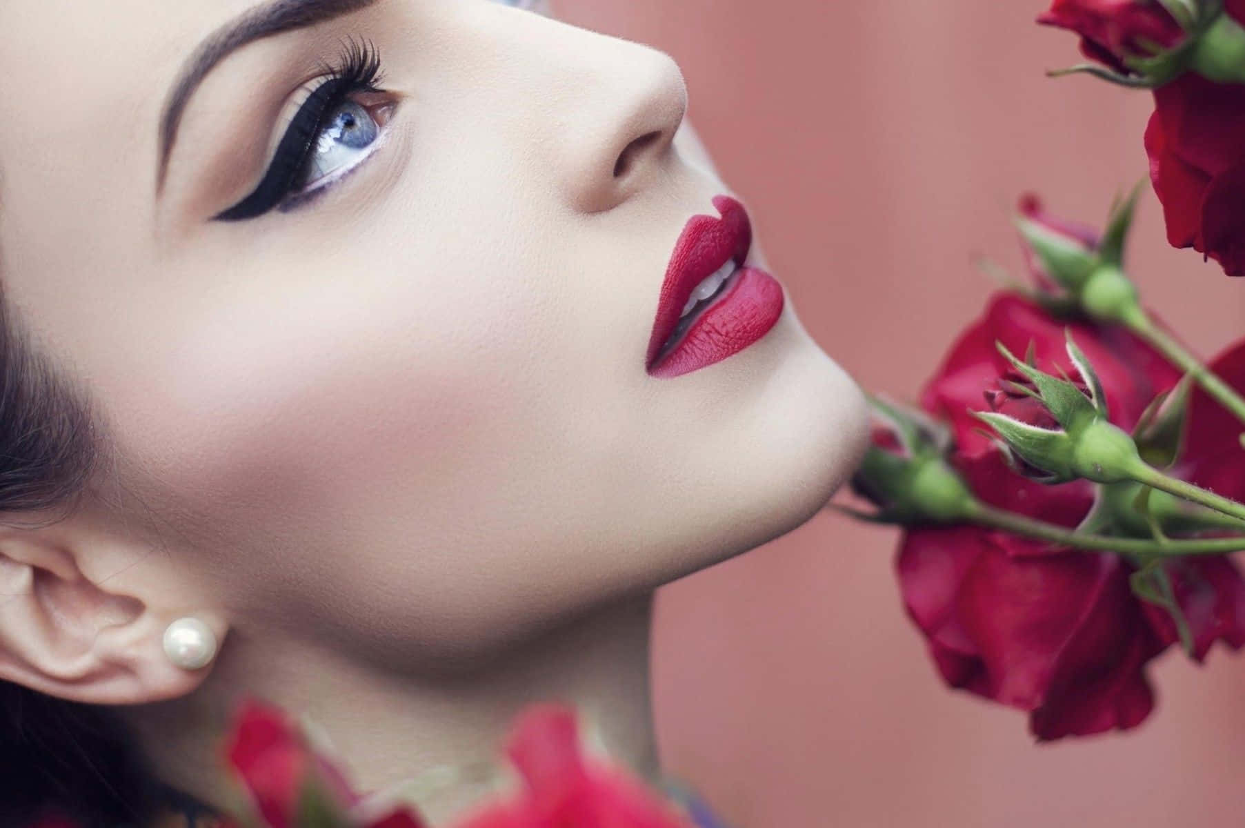 red lips, vibrant red roses, dramatic eyeliner, HD Desktop Wallpaper