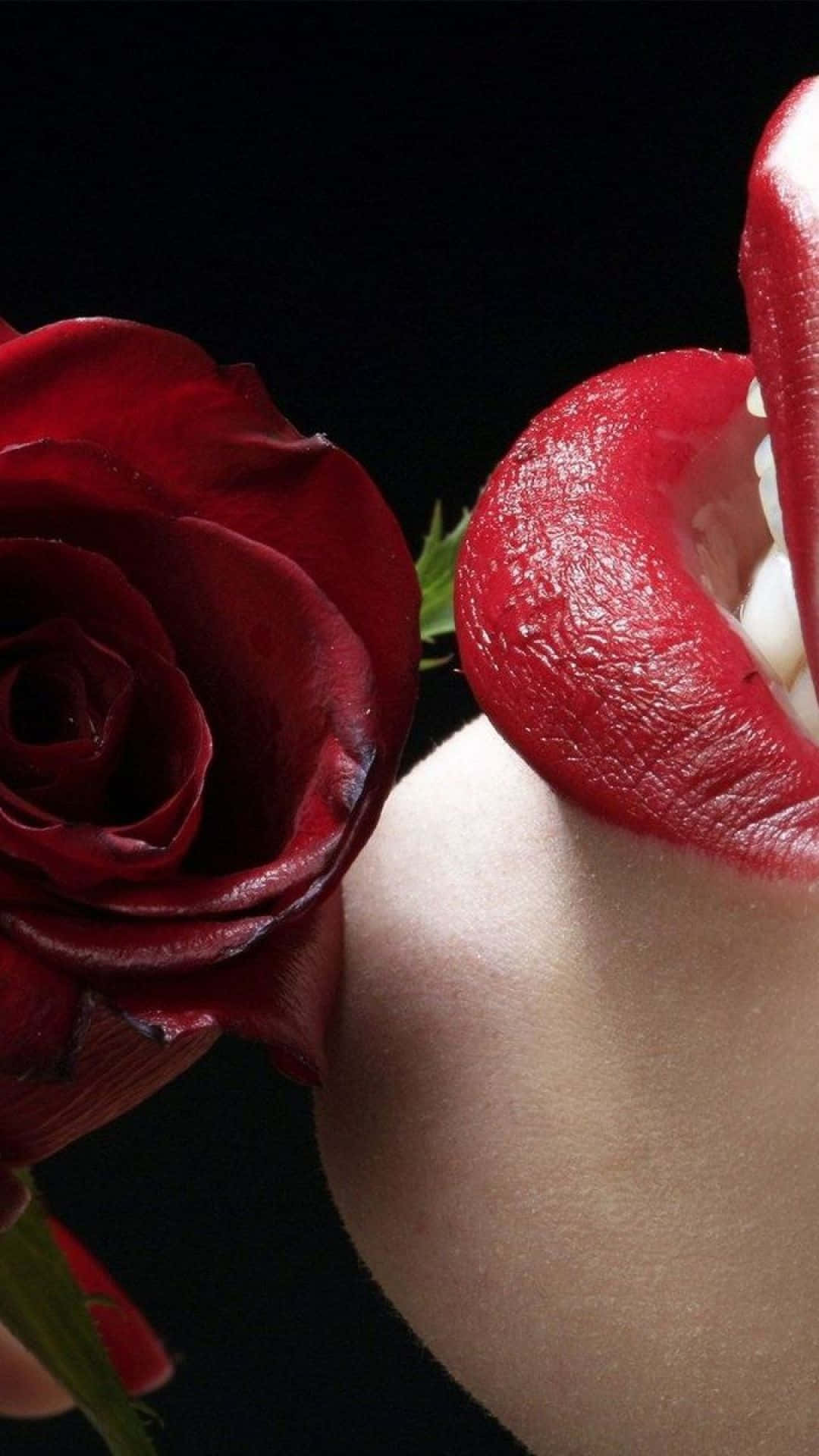 glossy red lips, deep red rose, stark black background, Full HD Phone Wallpaper