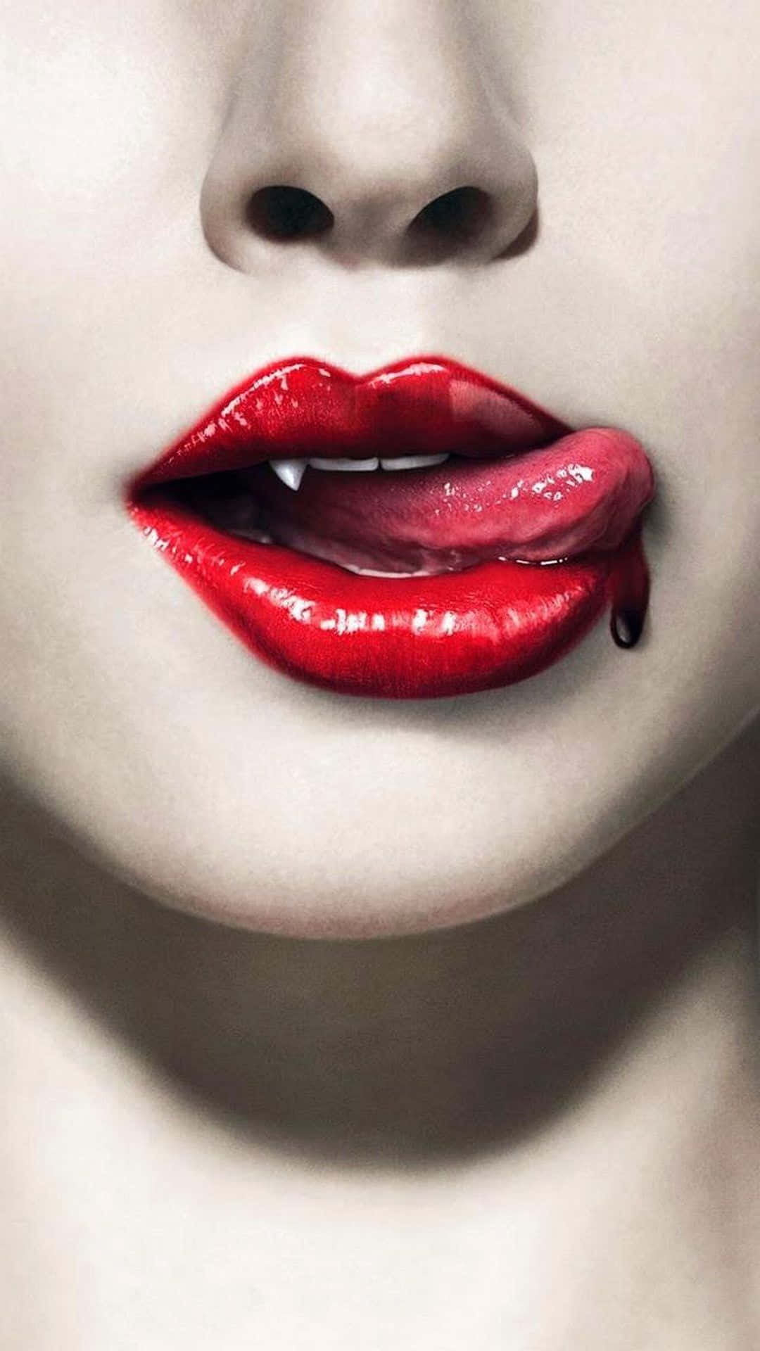 glossy red lips, fangs, drop of blood, Full HD Phone Wallpaper
